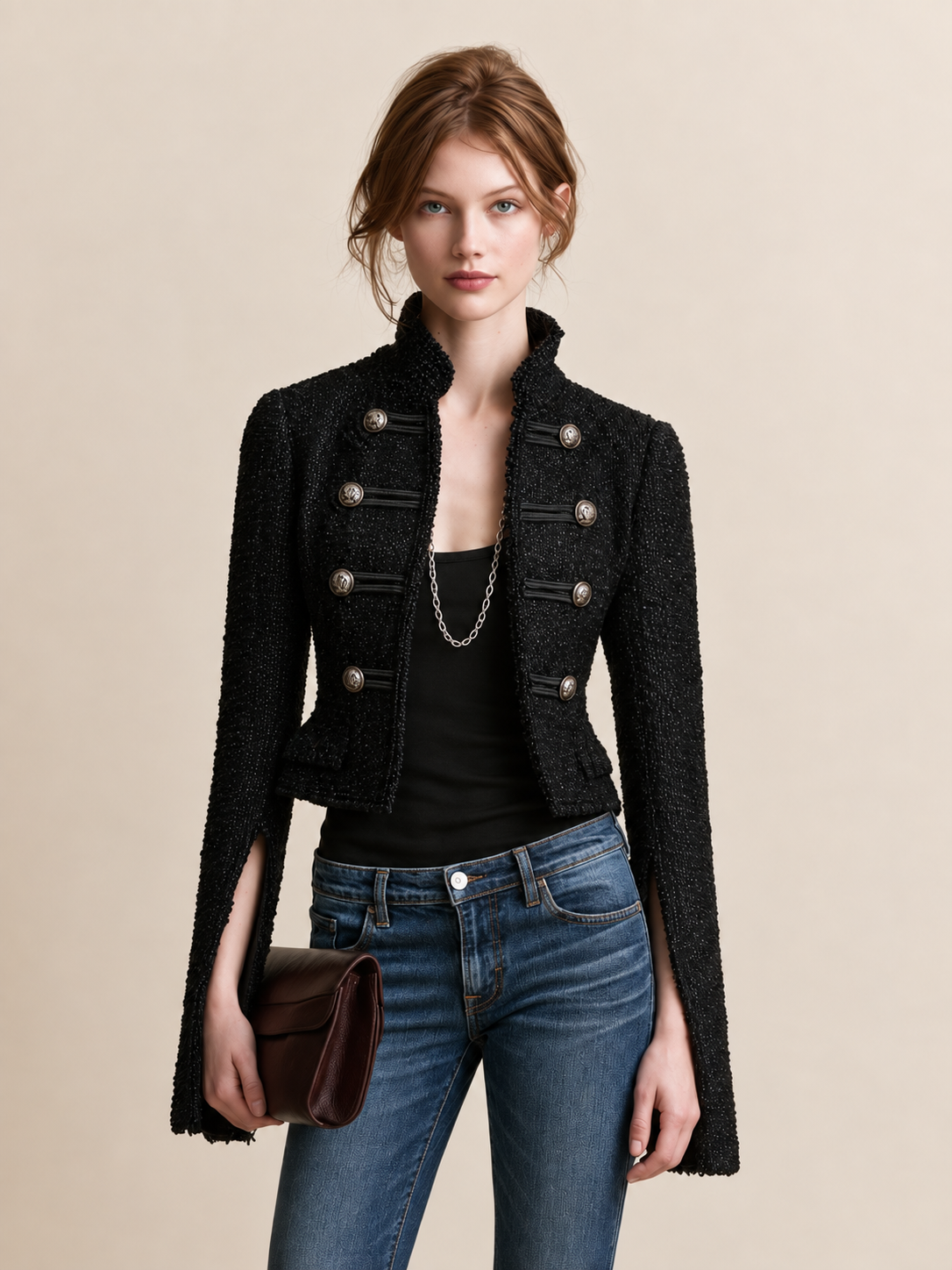 Black Textured Cropped Military-style Jacket With A Double-breasted Design