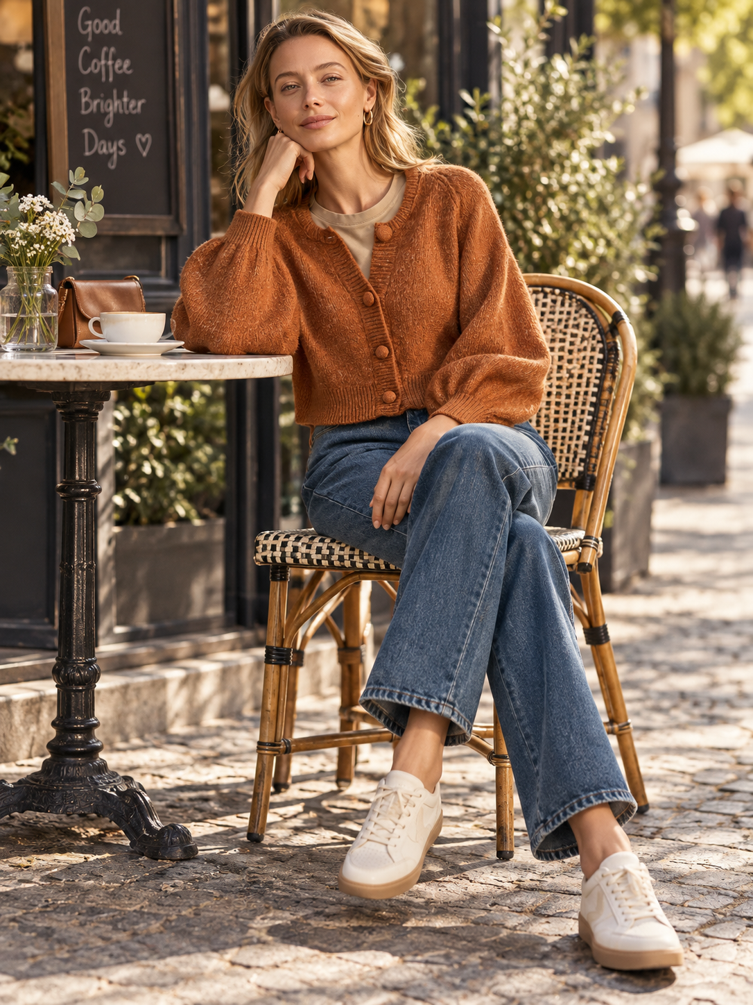 Rust Brown Fuzzy Knit Cropped Cardigan With Balloon Sleeves And Button Front