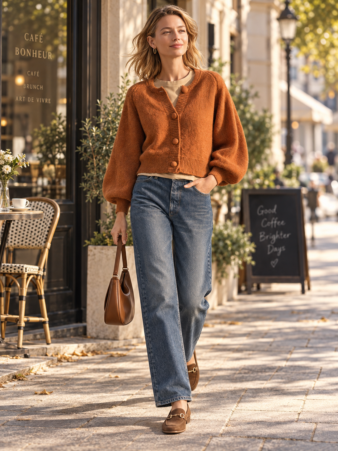 Rust Brown Fuzzy Knit Cropped Cardigan With Balloon Sleeves And Button Front