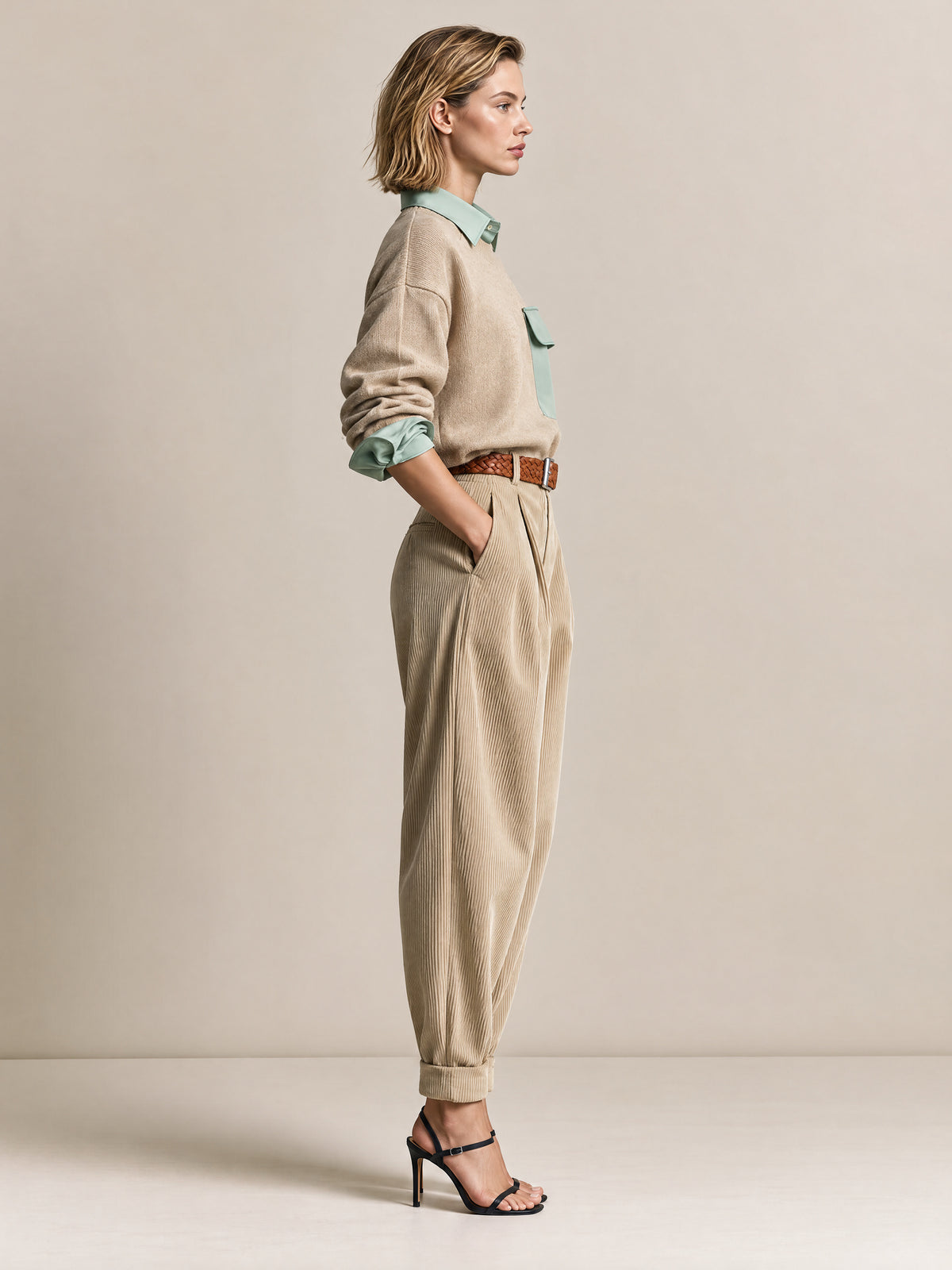 Beige Crewneck Knit Sweater With Sage Green Shirt Collar And Utility Pocket