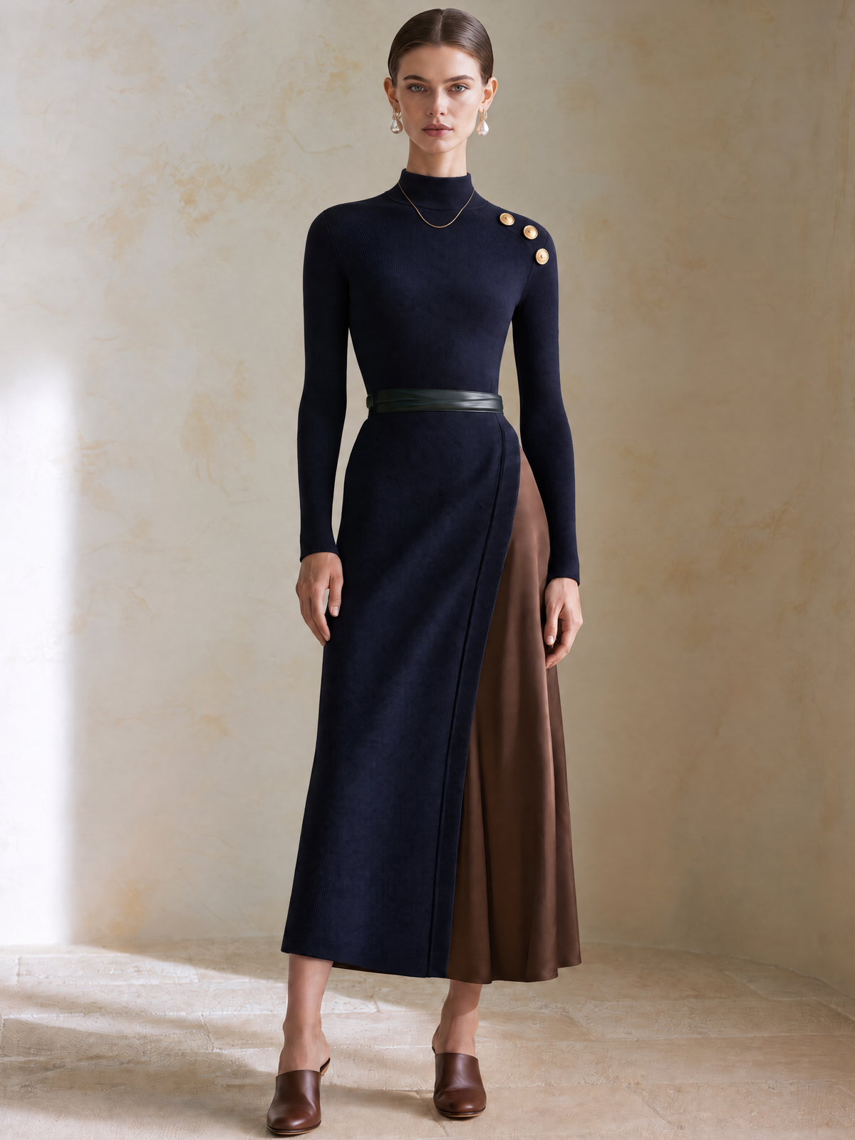 Elegant Navy Knit & Brown Satin Panel Midi Dress