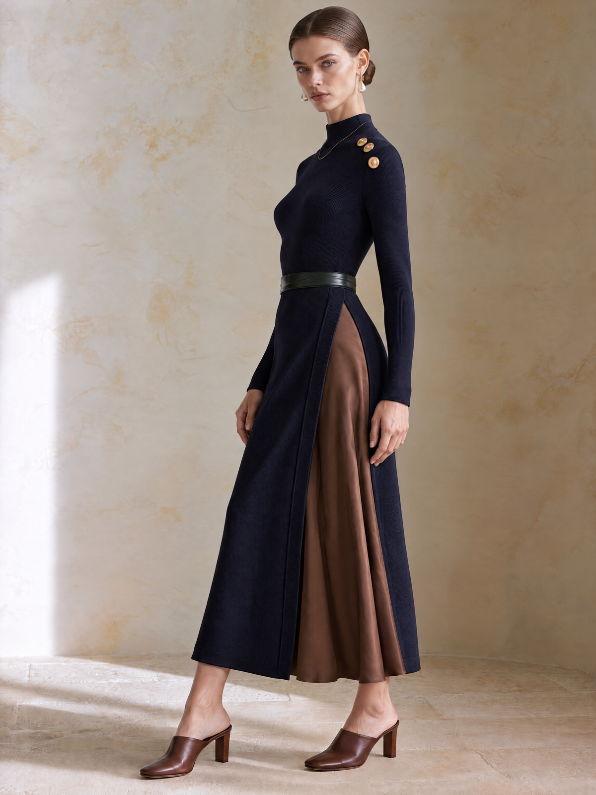 Elegant Navy Knit & Brown Satin Panel Midi Dress