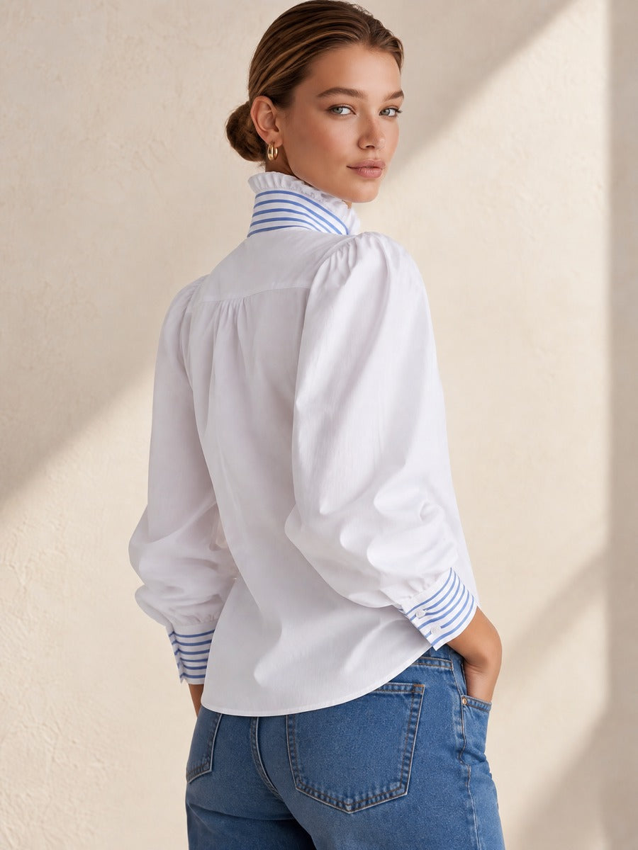 Blue White Striped Bow Ruffle Collar Puff Sleeve Cotton Shirt