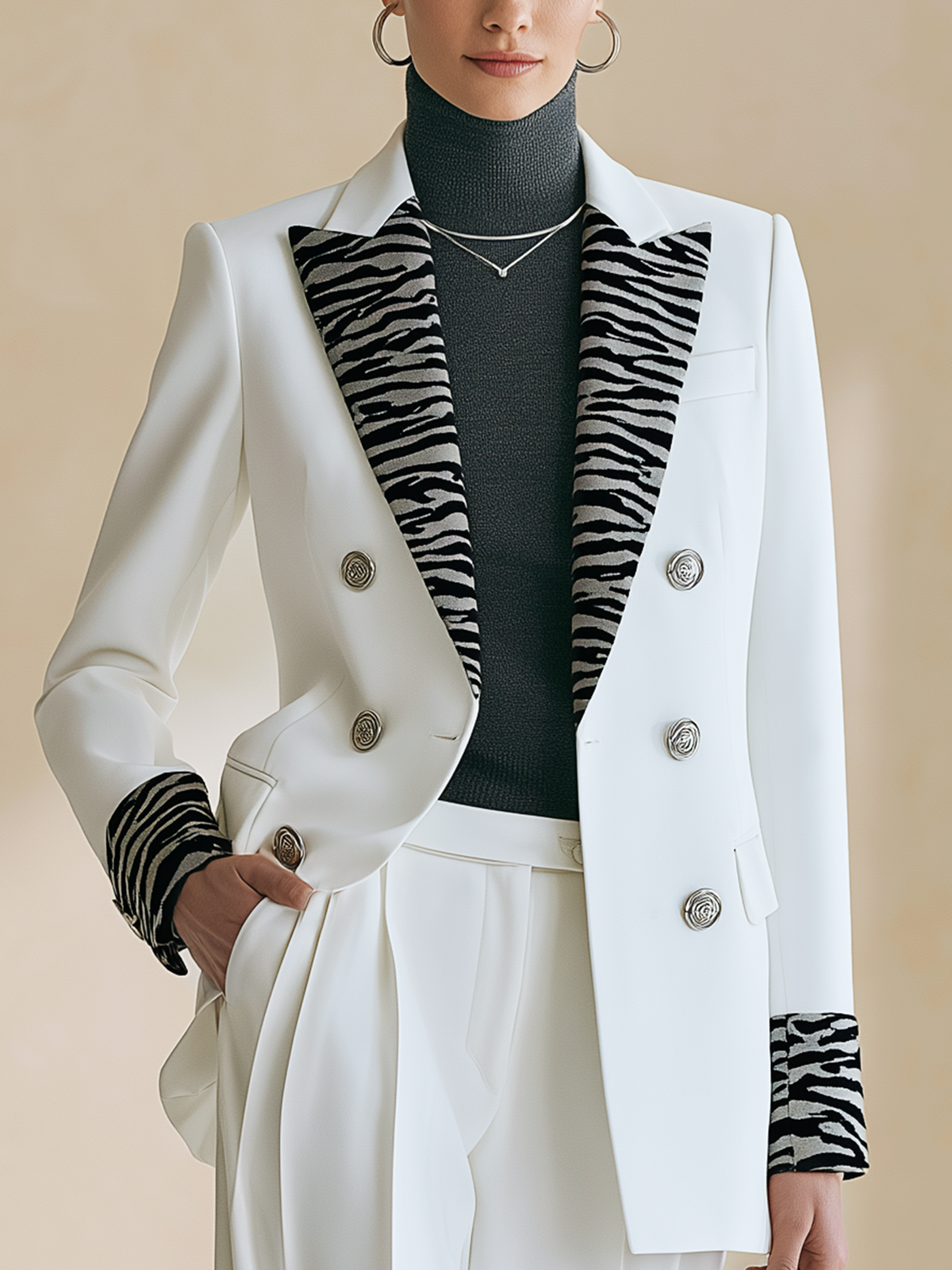 White Blazer With Zebra Print Lapel & Cuff