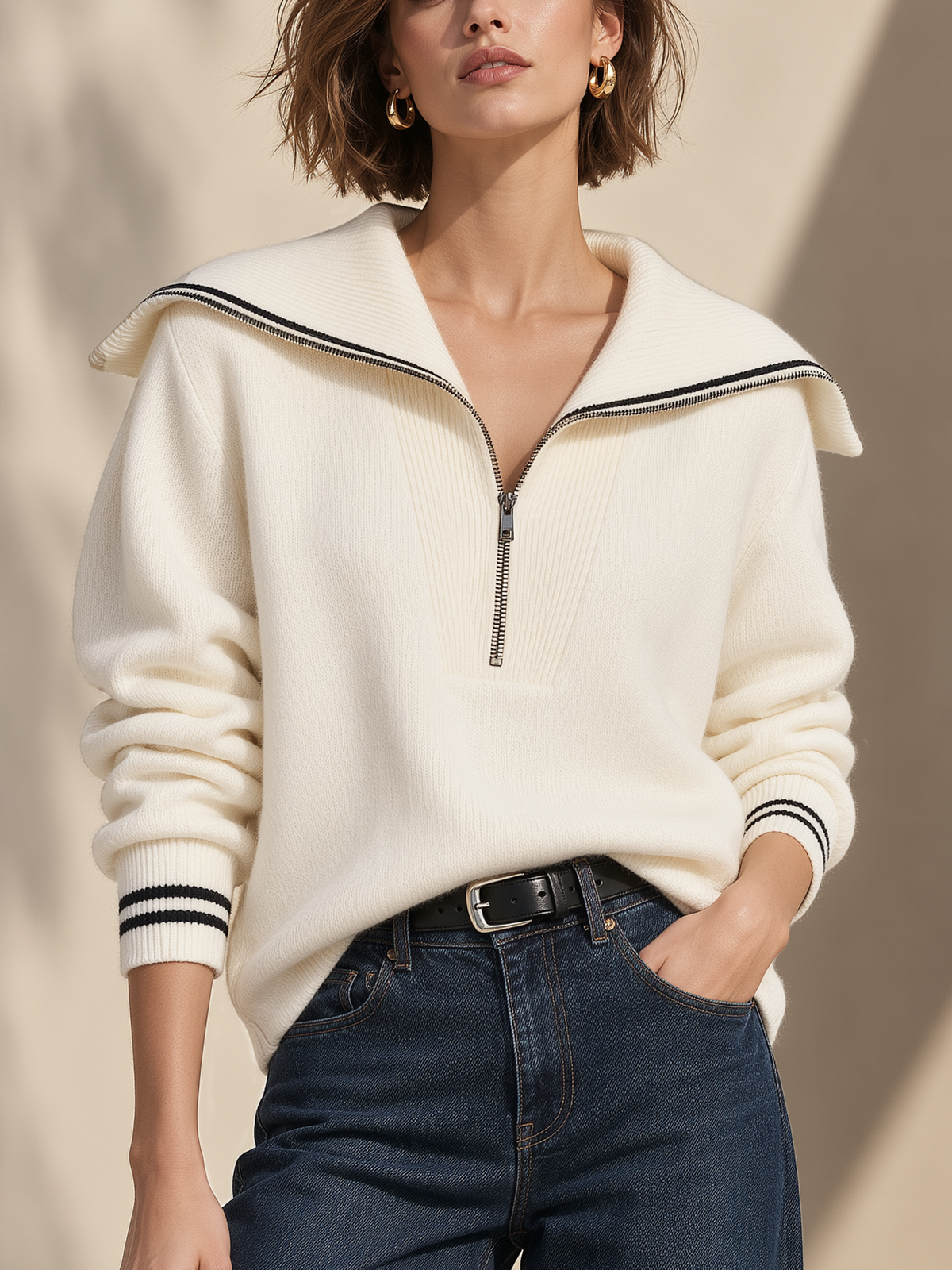 Cream Half-Zip Sailor Collar Striped Knit Sweater