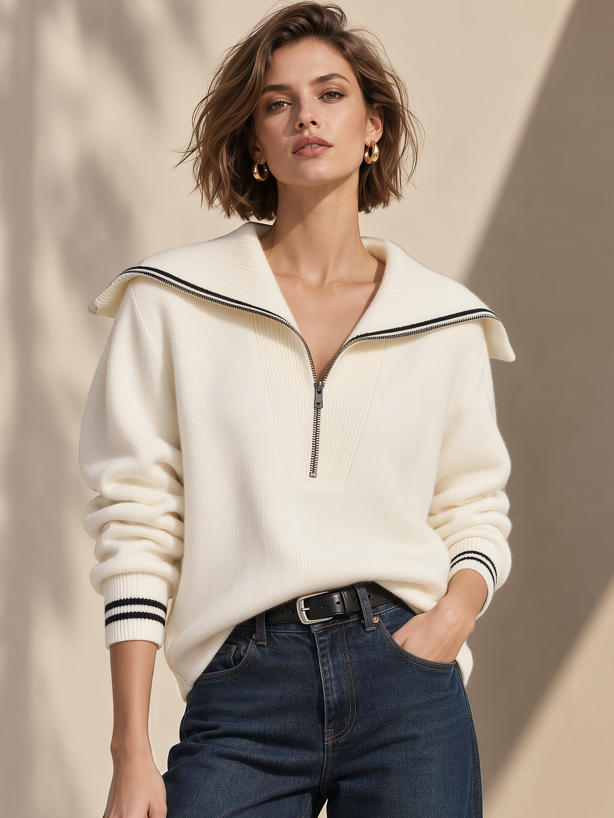 Cream Half-Zip Sailor Collar Striped Knit Sweater