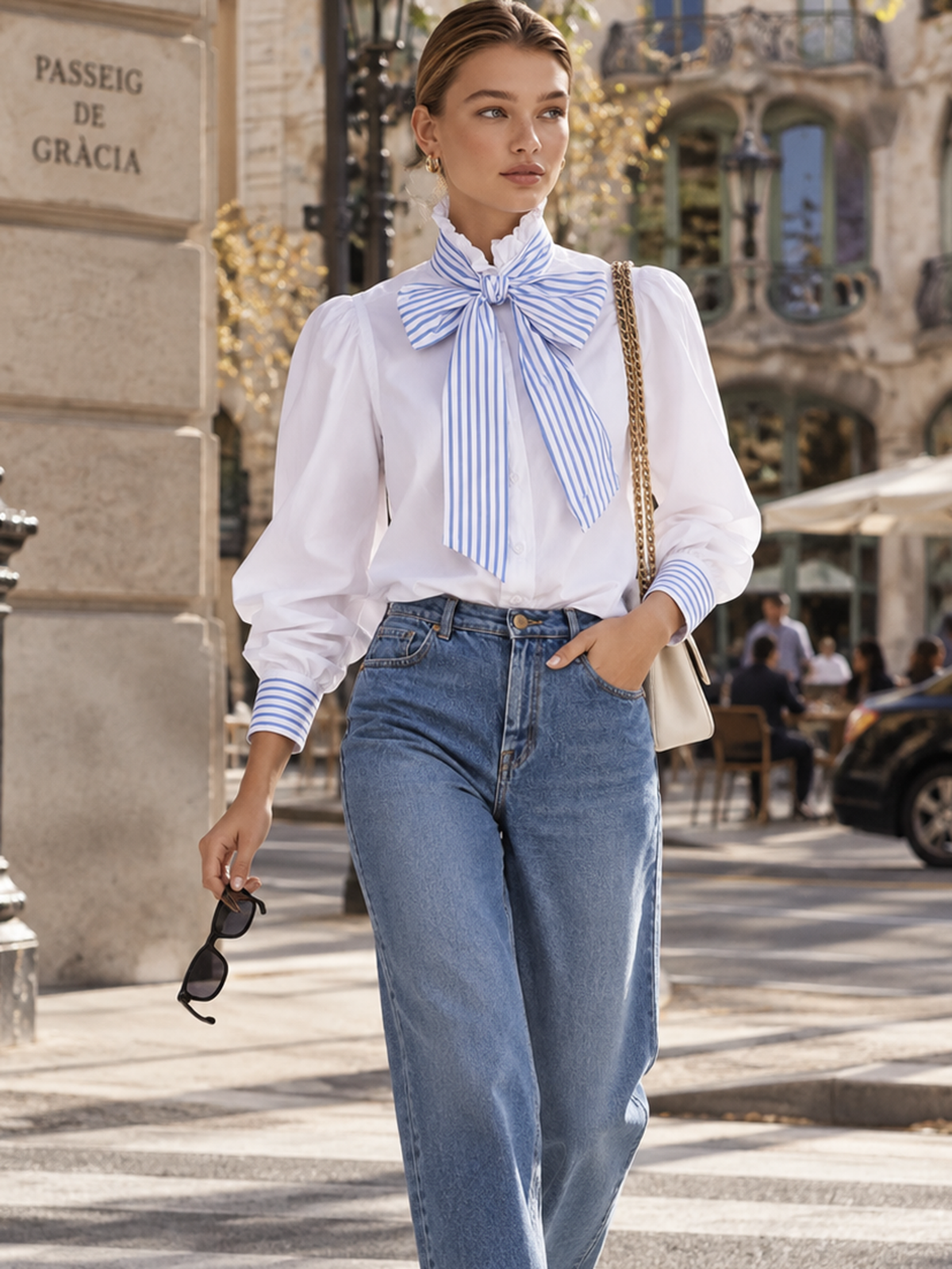 Blue White Striped Bow Ruffle Collar Puff Sleeve Cotton Shirt