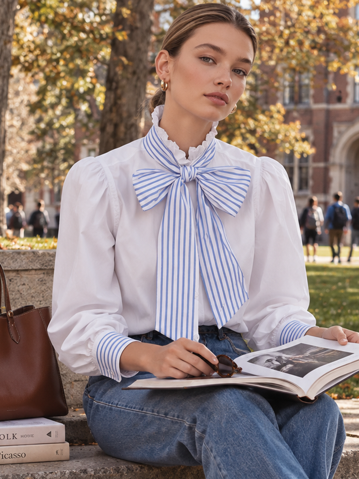 Blue White Striped Bow Ruffle Collar Puff Sleeve Cotton Shirt