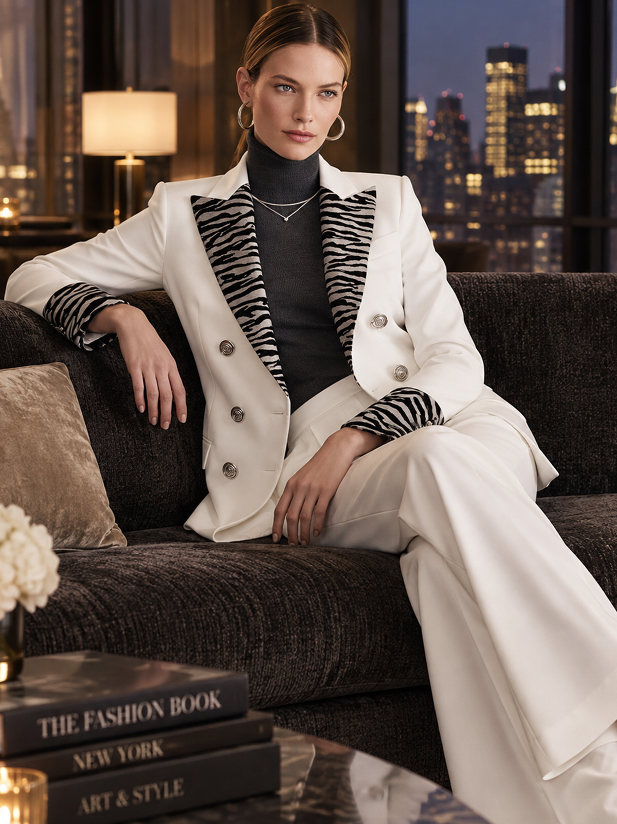 White Blazer With Zebra Print Lapel & Cuff