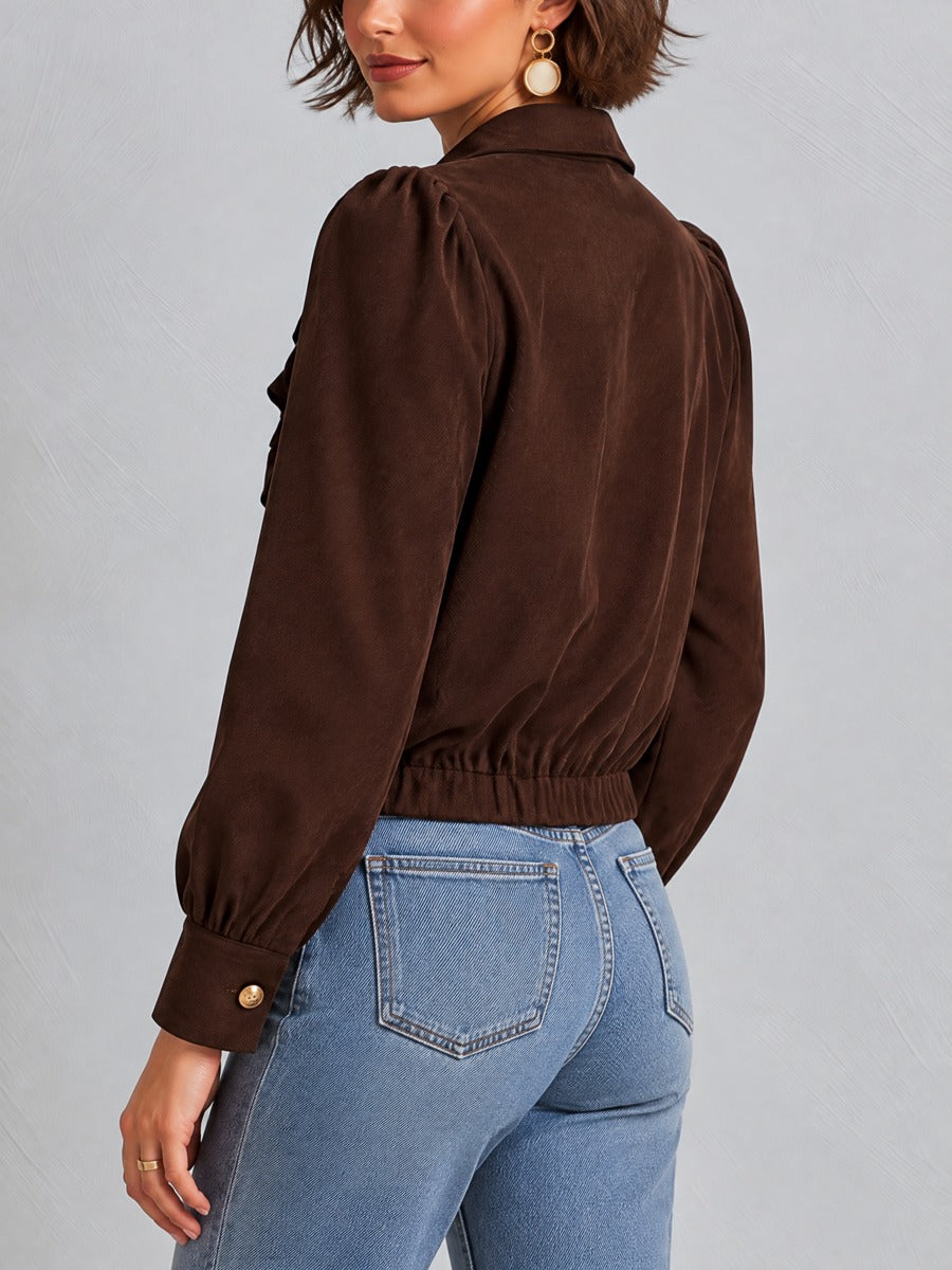 Suede Ruffle Trim Cropped Jacket