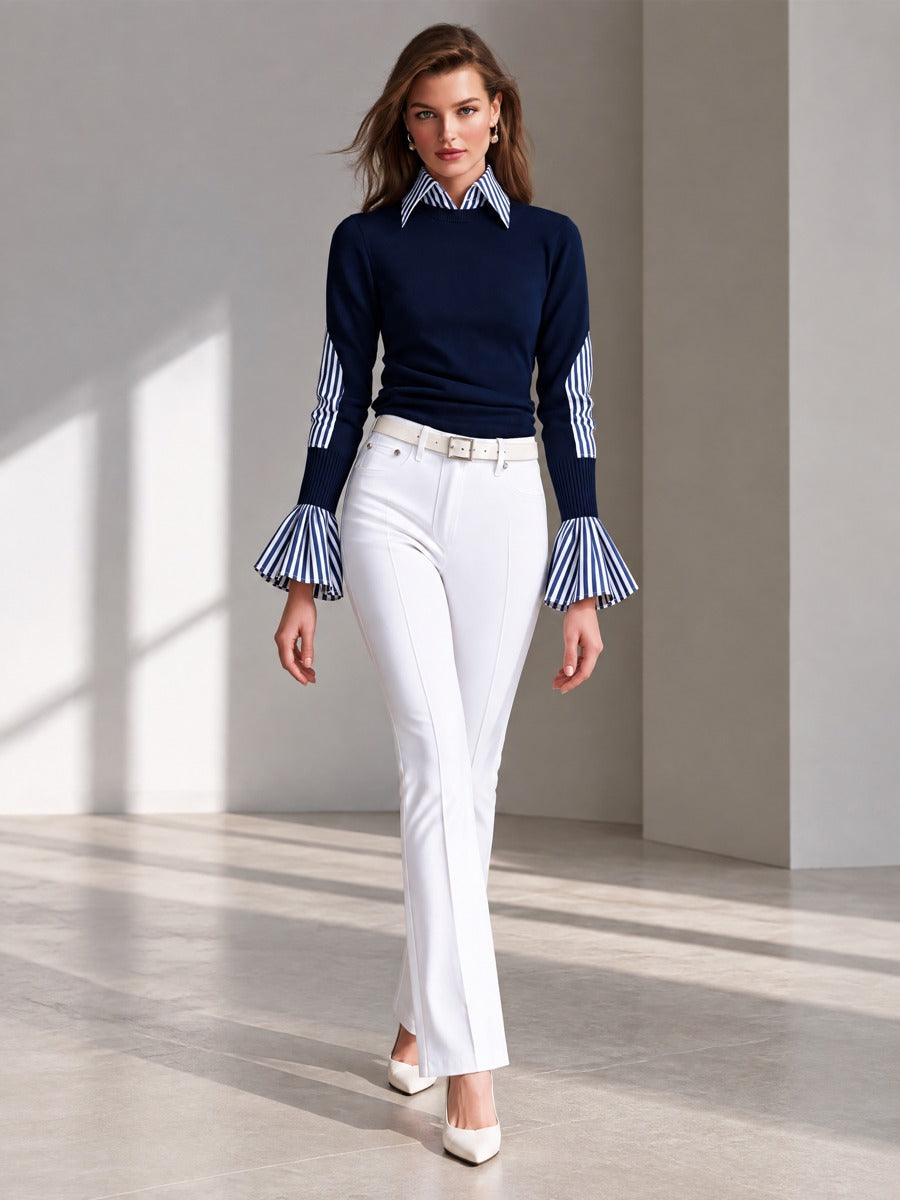 Faux Two-Piece Striped Collar Knit Sweater