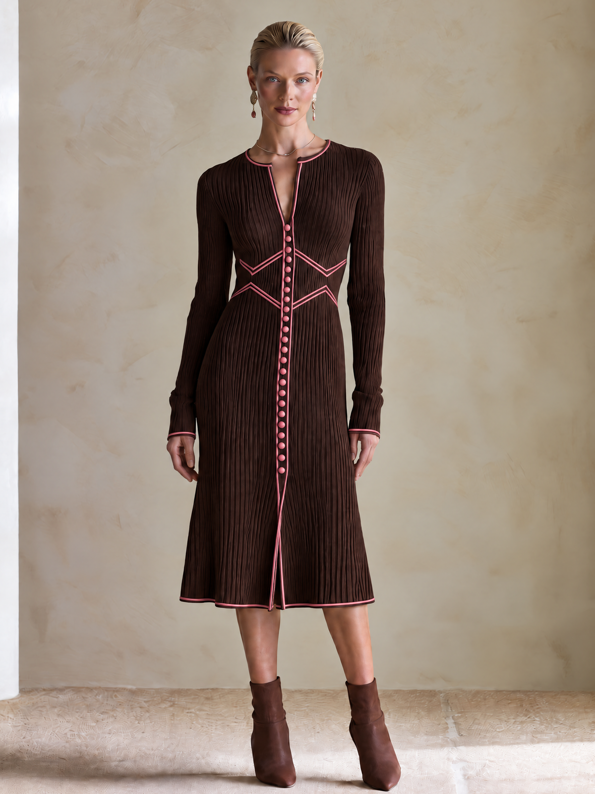 Elegant Brown Knit Midi Dress With Pink Contrast Piping & Front Button Details