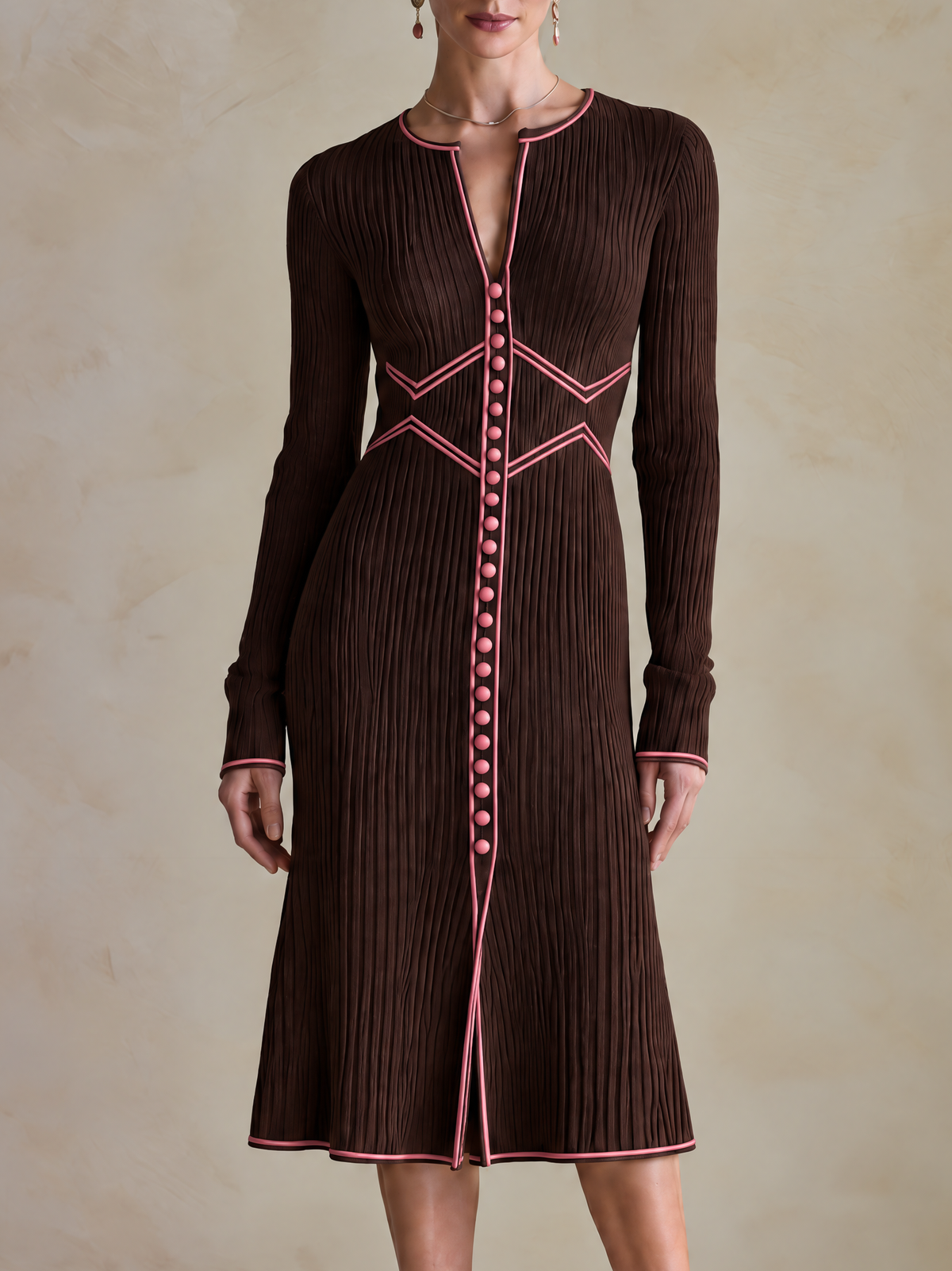 Elegant Brown Knit Midi Dress With Pink Contrast Piping & Front Button Details