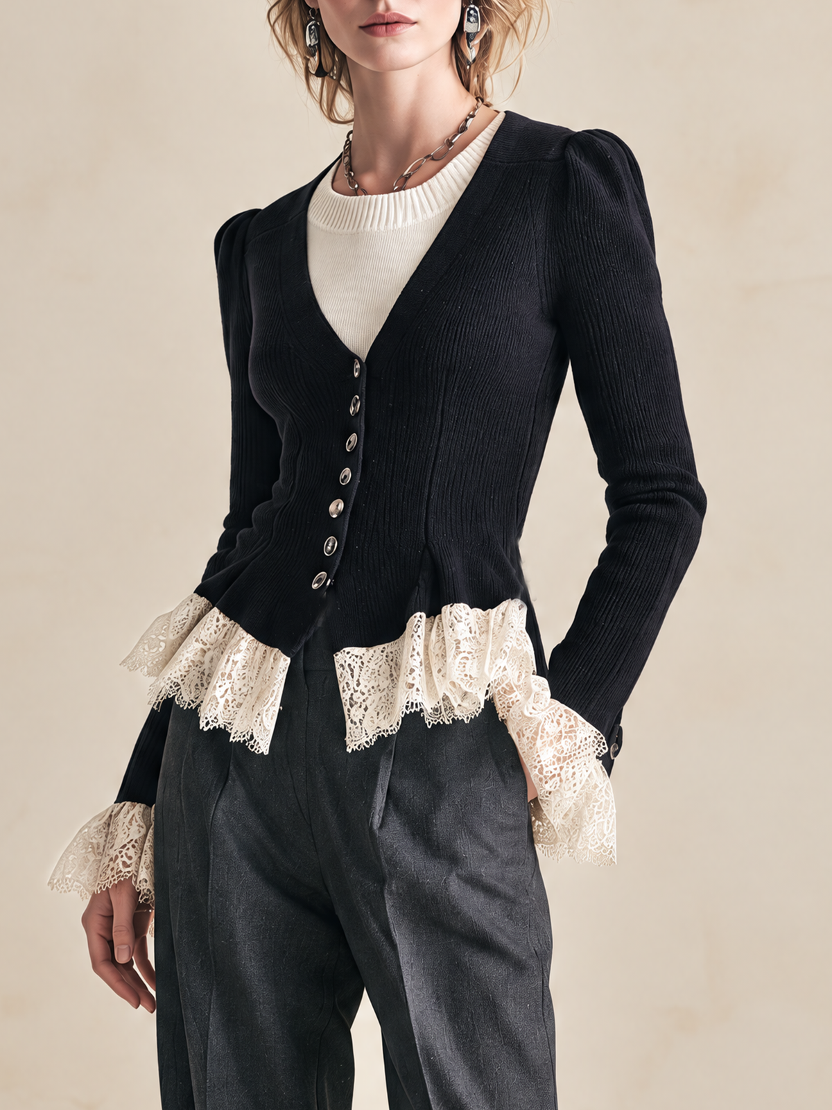 Elegant Black & Ivory Lace-Trimmed Knit Two-in-One Top