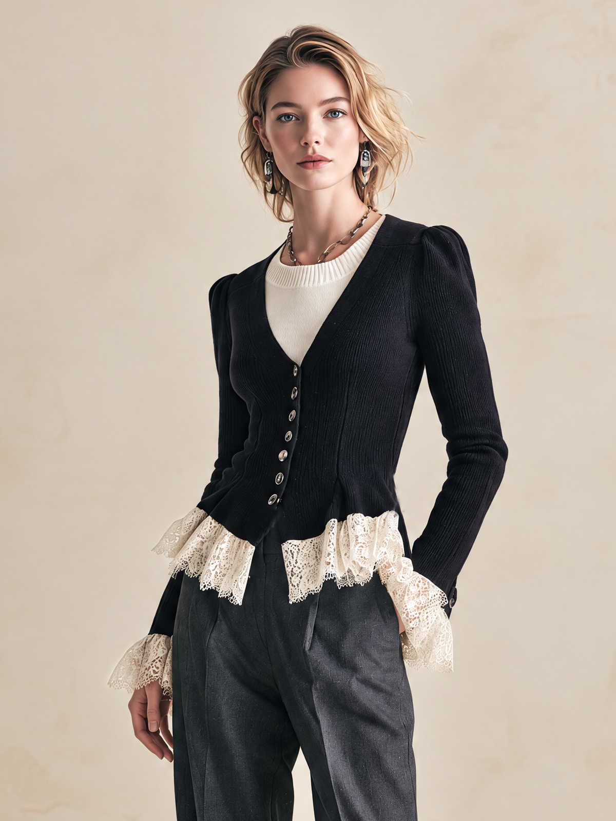 Elegant Black & Ivory Lace-Trimmed Knit Two-in-One Top