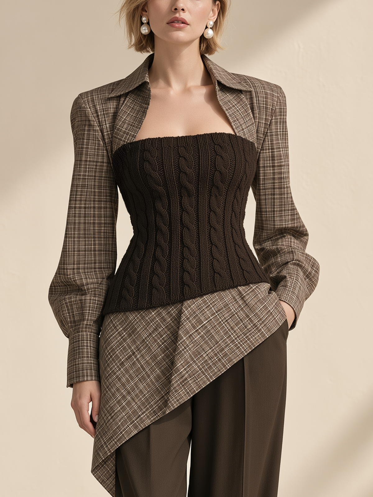 Brown Plaid Faux-Lapel Cable Knit Tube Top