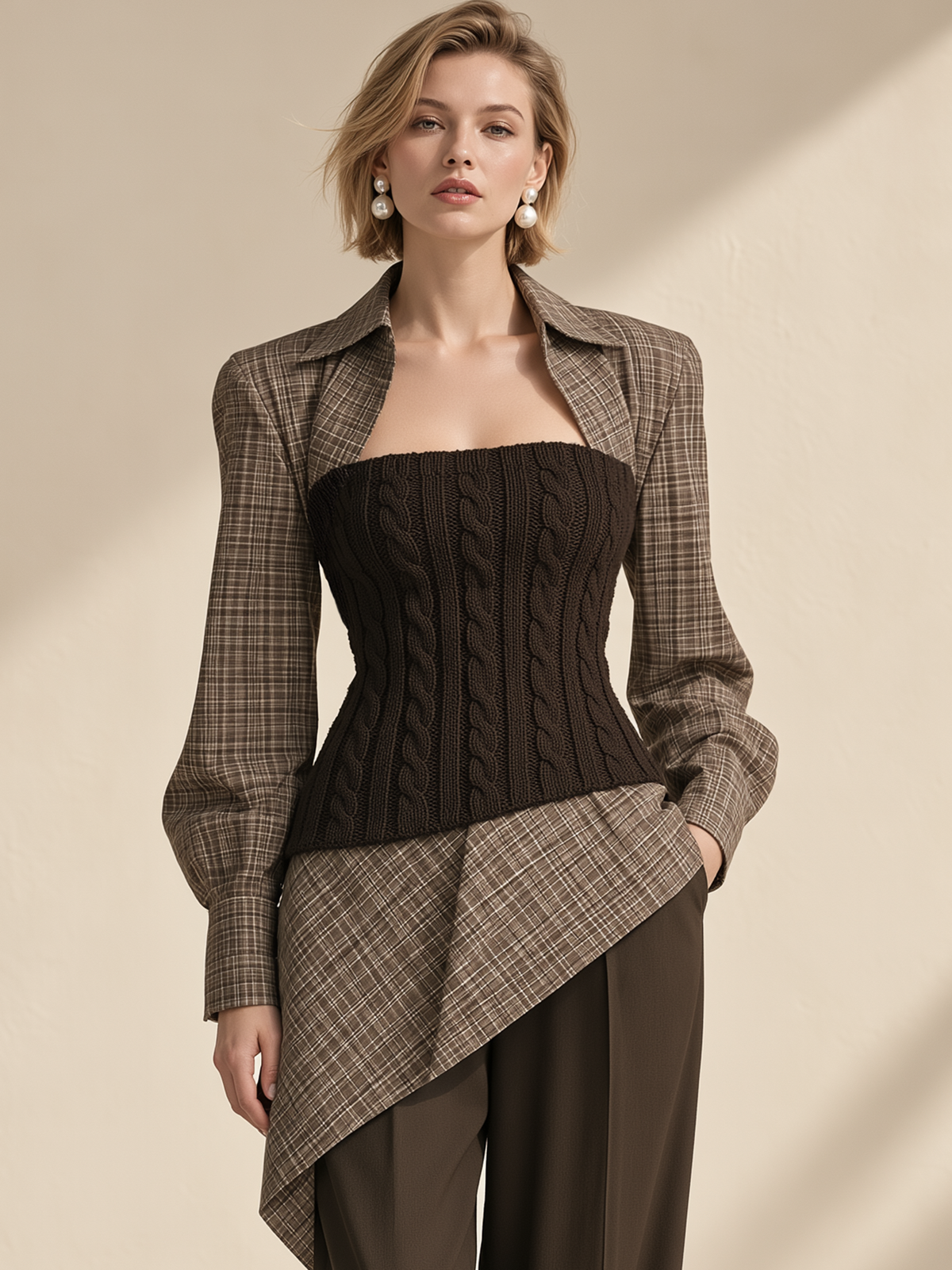 Brown Plaid Faux-Lapel Cable Knit Tube Top