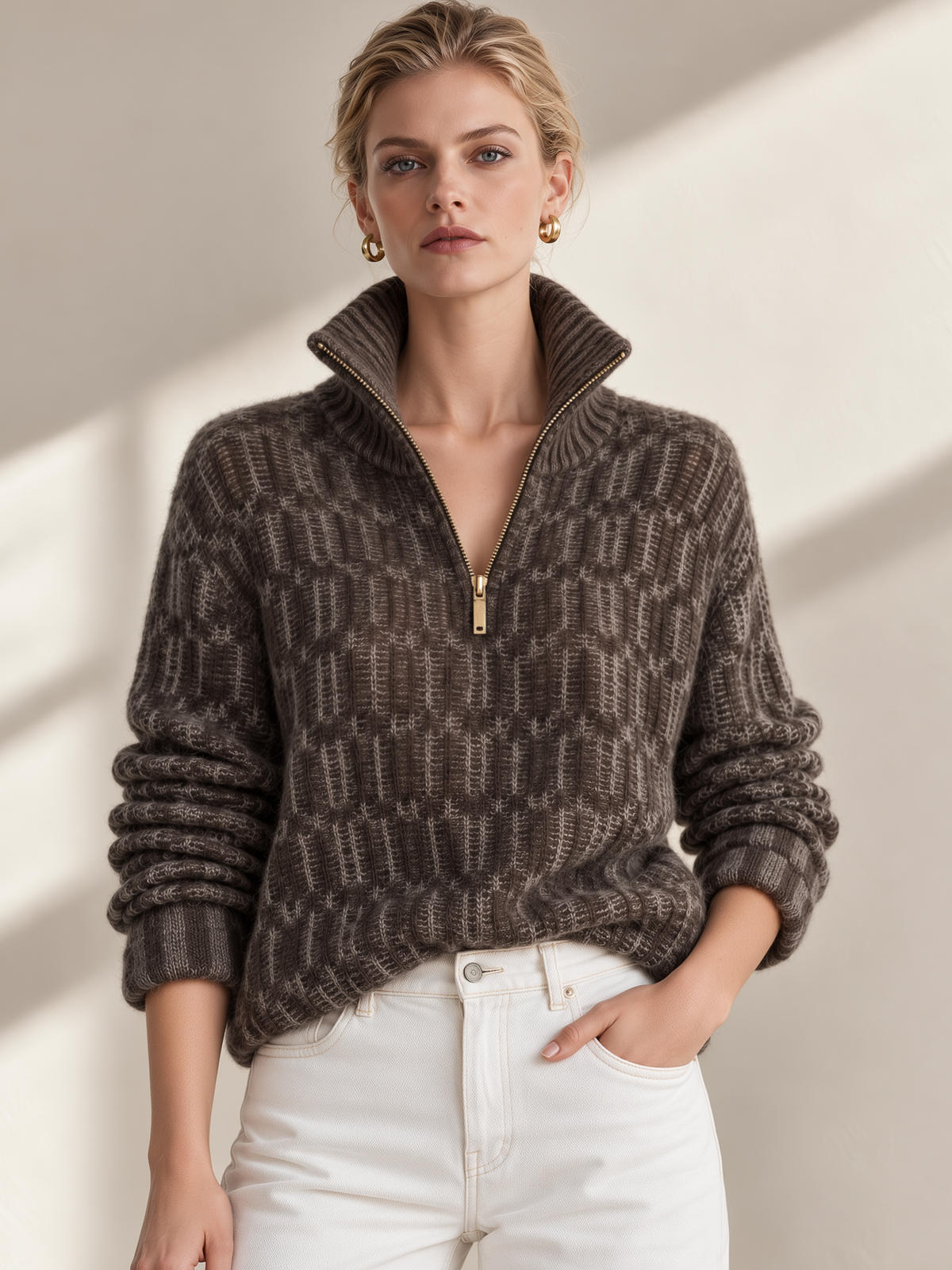 Dark Brown Textured Jacquard Half Zip Loose Top