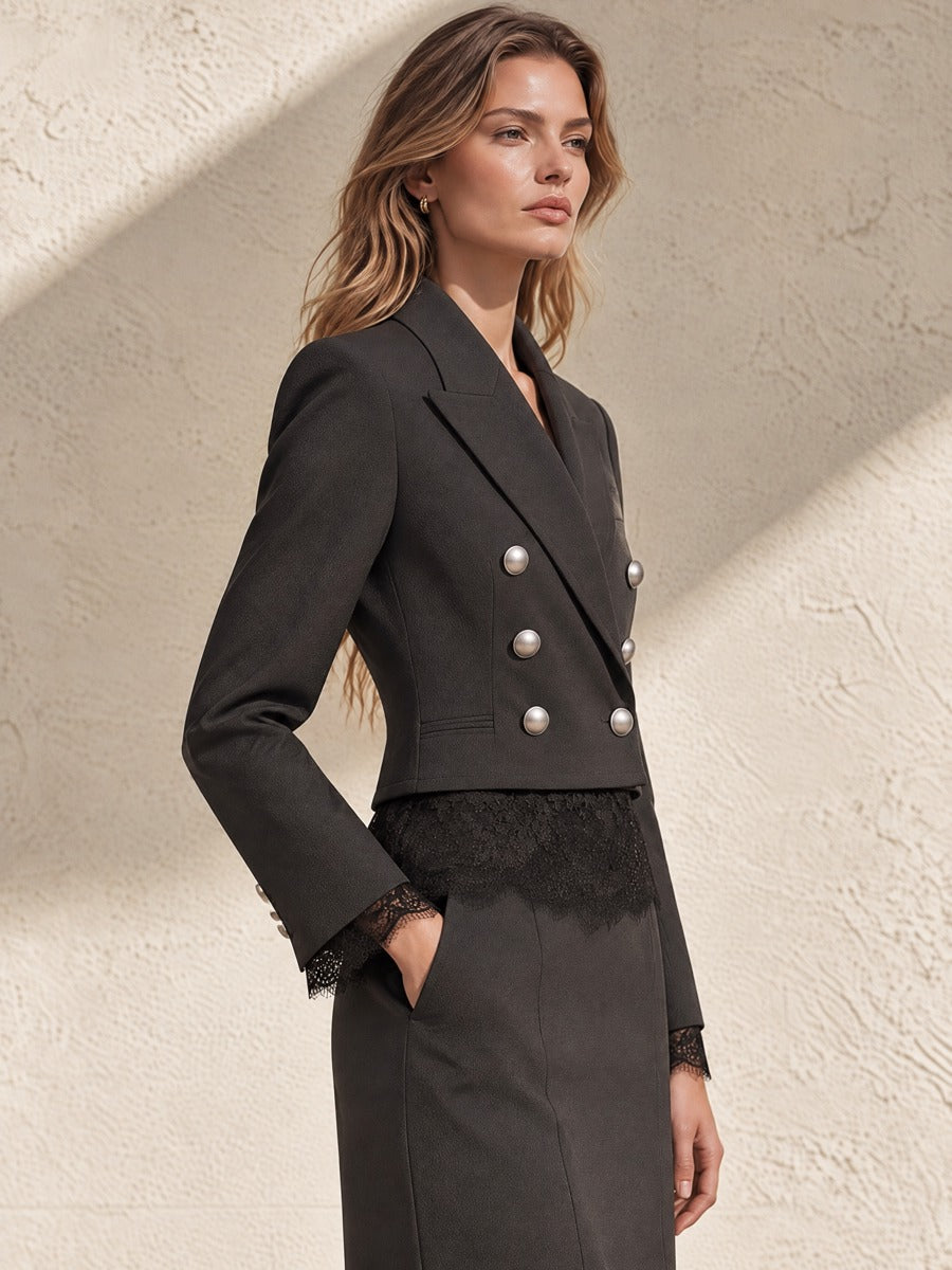 Dark Grey Cropped Double Breasted Lace Trim Blazer