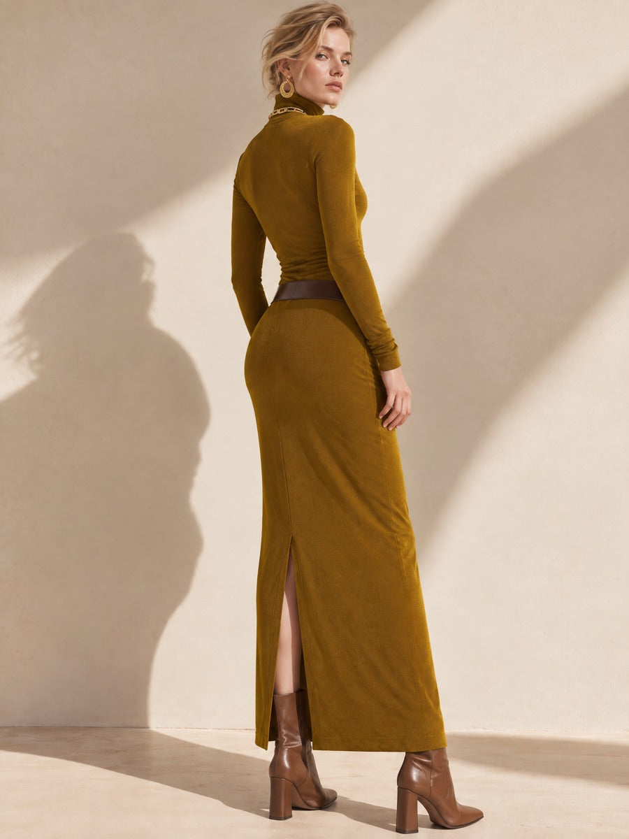 Ginger Yellow Knit Elegant Long Sleeve Dress