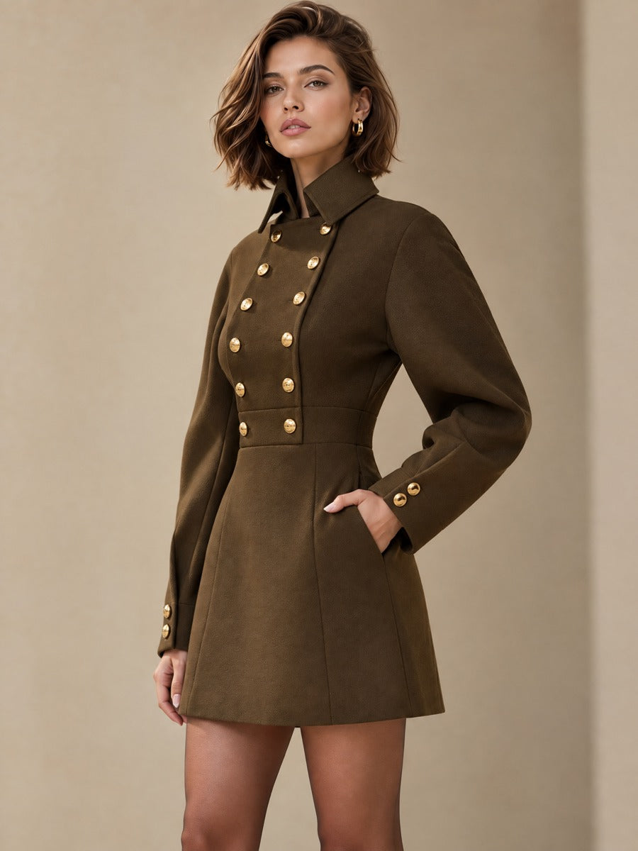 Olive Brown Stand Collar Double Breasted Gold Button Mini Dress
