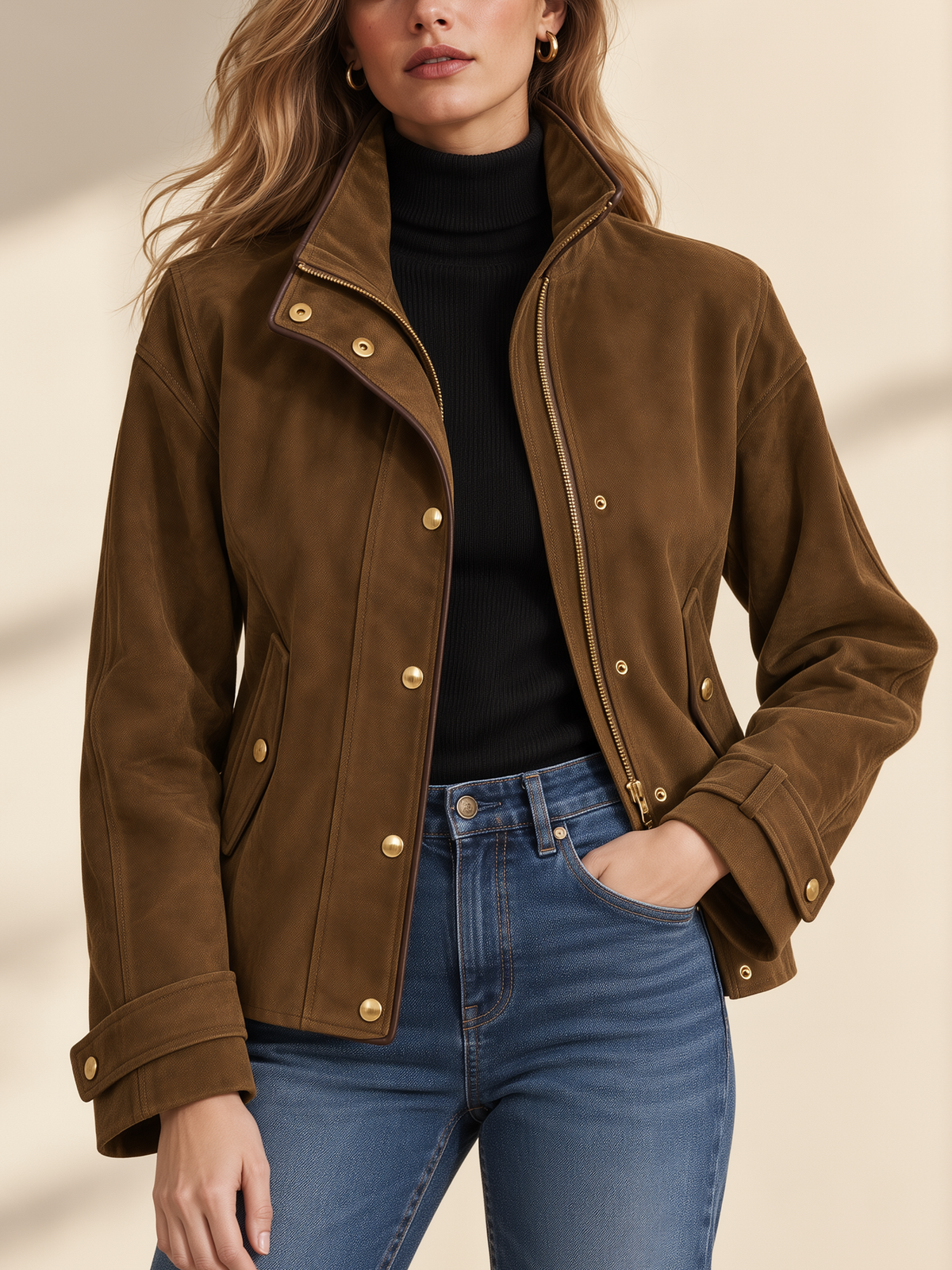 Brown Stand Collar Gold Button Casual Jacket
