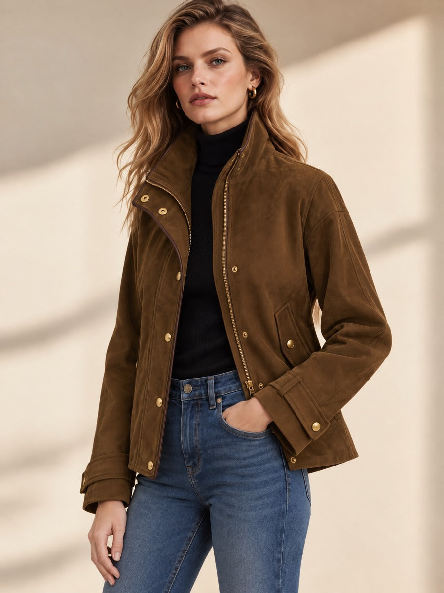 Brown Stand Collar Gold Button Casual Jacket