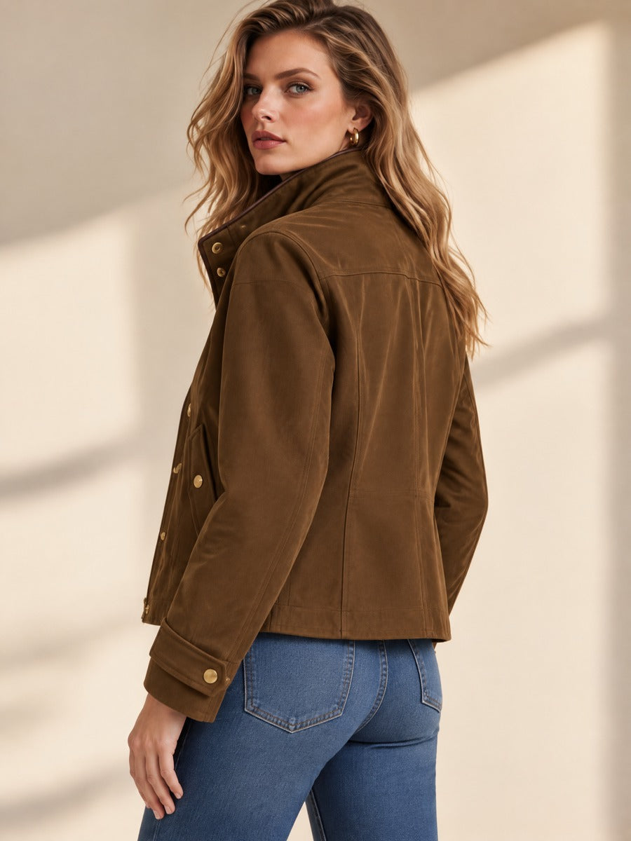 Brown Stand Collar Gold Button Casual Jacket