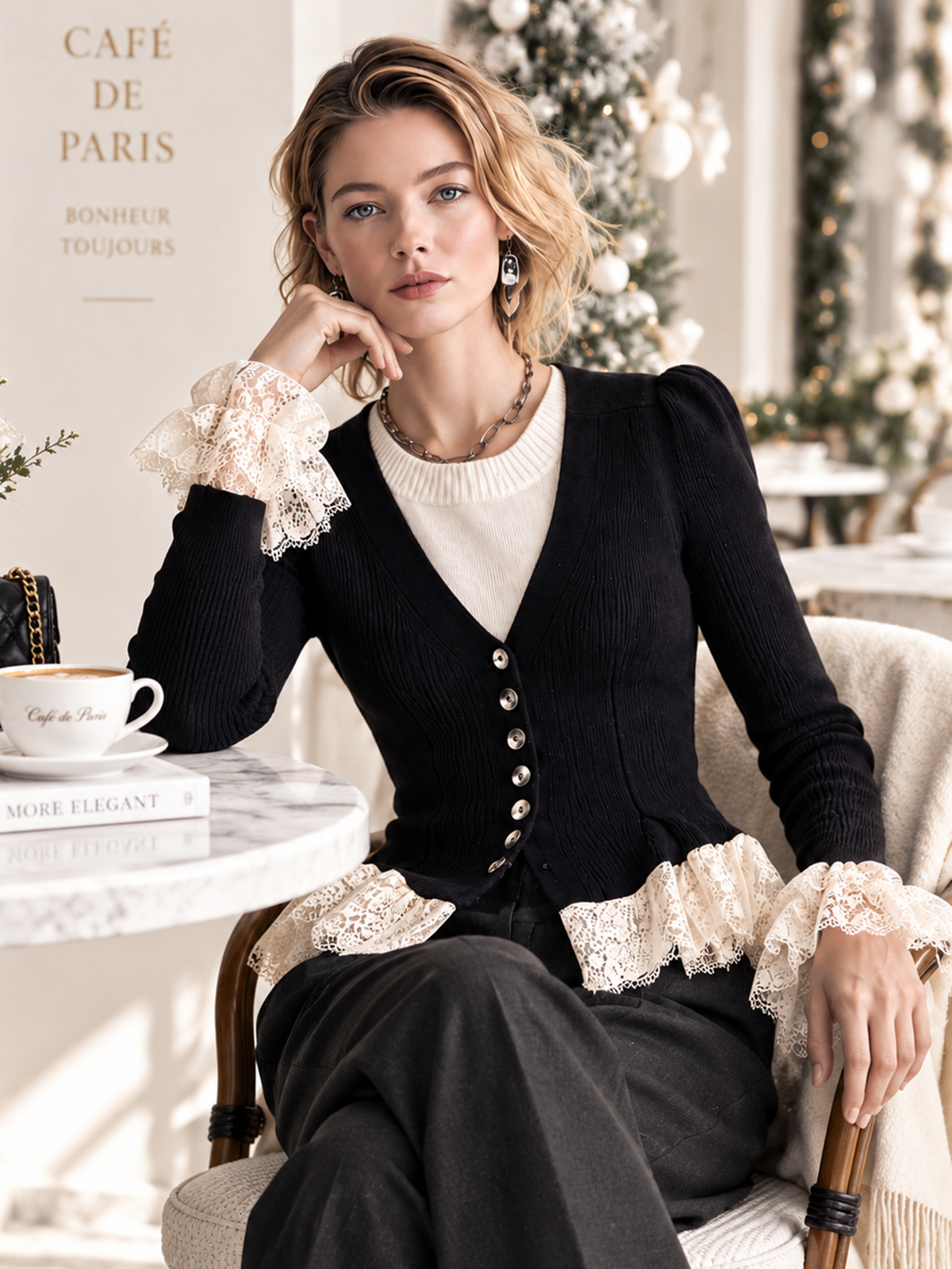 Elegant Black & Ivory Lace-Trimmed Knit Two-in-One Top