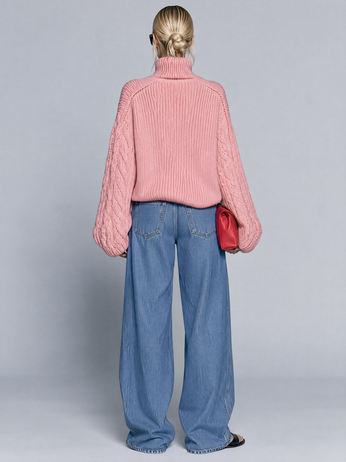 Pink Chunky Rib Knit Turtleneck Sweater With Cable Balloon Sleeves