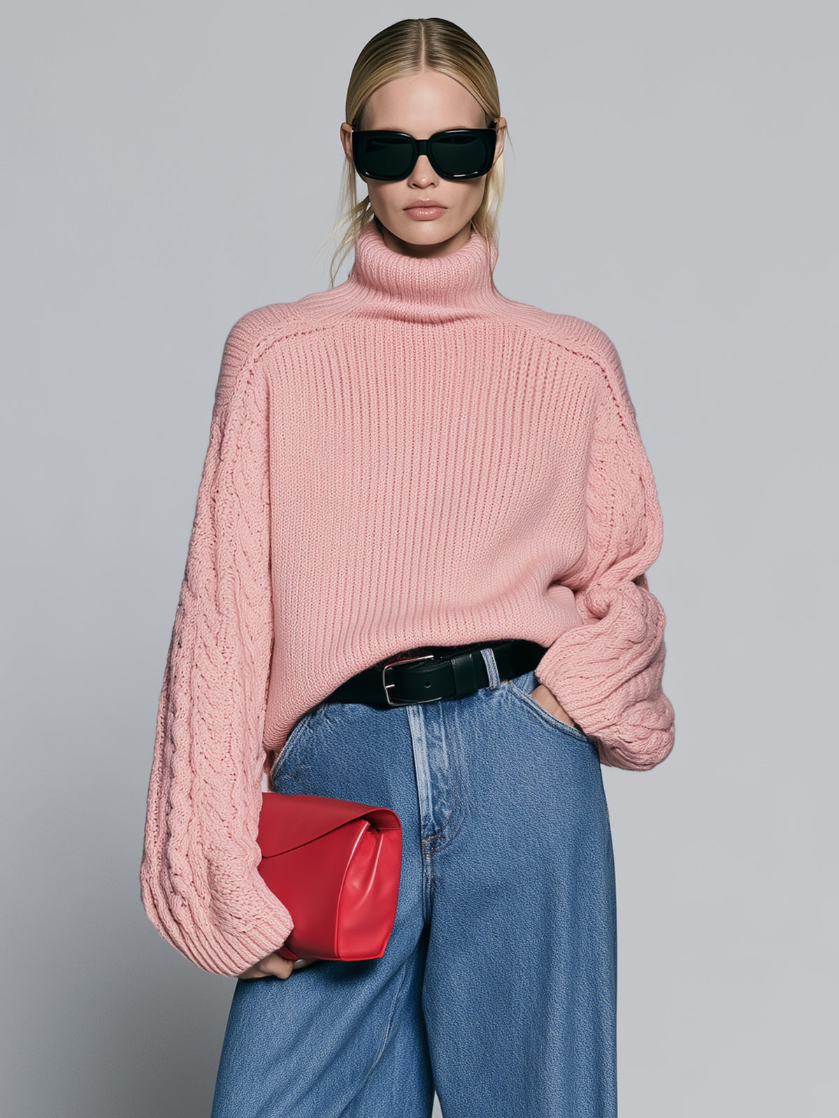 Pink Chunky Rib Knit Turtleneck Sweater With Cable Balloon Sleeves