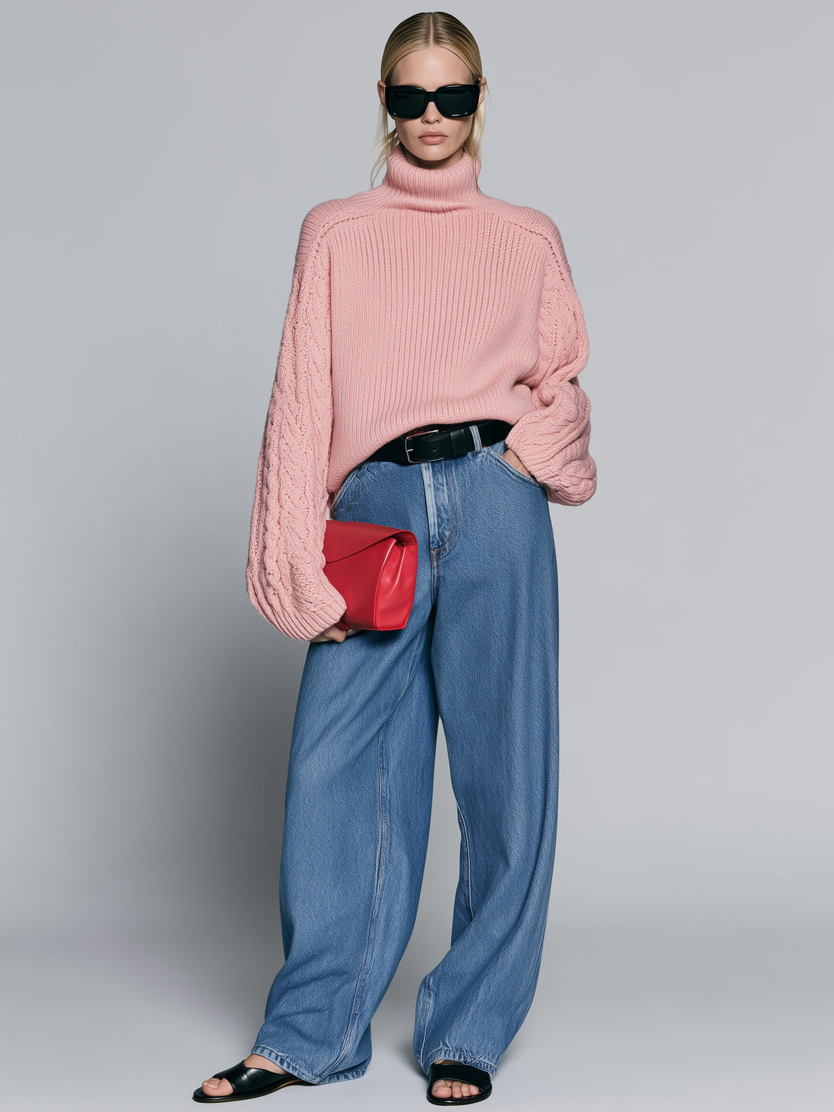 Pink Chunky Rib Knit Turtleneck Sweater With Cable Balloon Sleeves