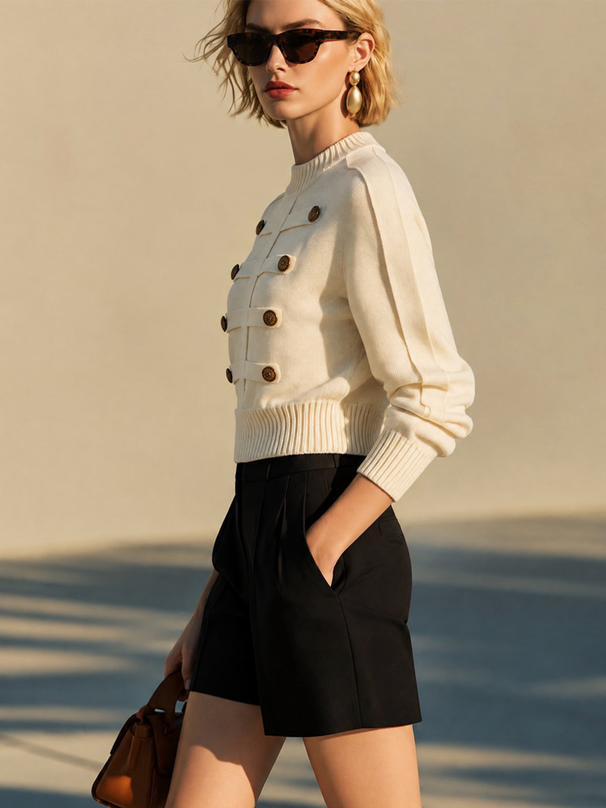 Soft Knit Sweater With Decorative Gold Buttons