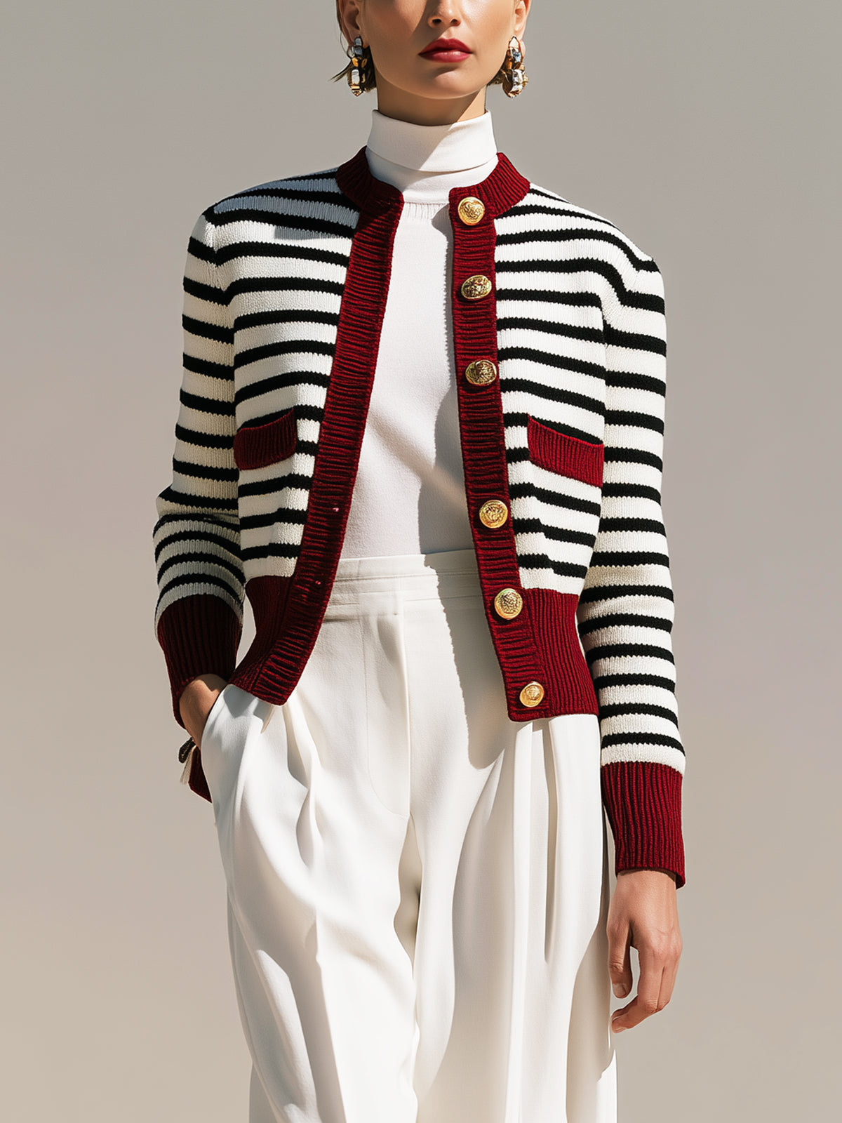 Burgundy Trim Striped Knit Cardigan