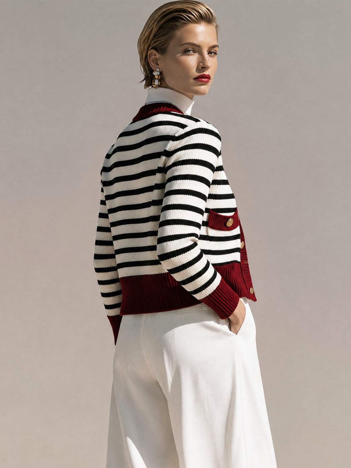 Burgundy Trim Striped Knit Cardigan