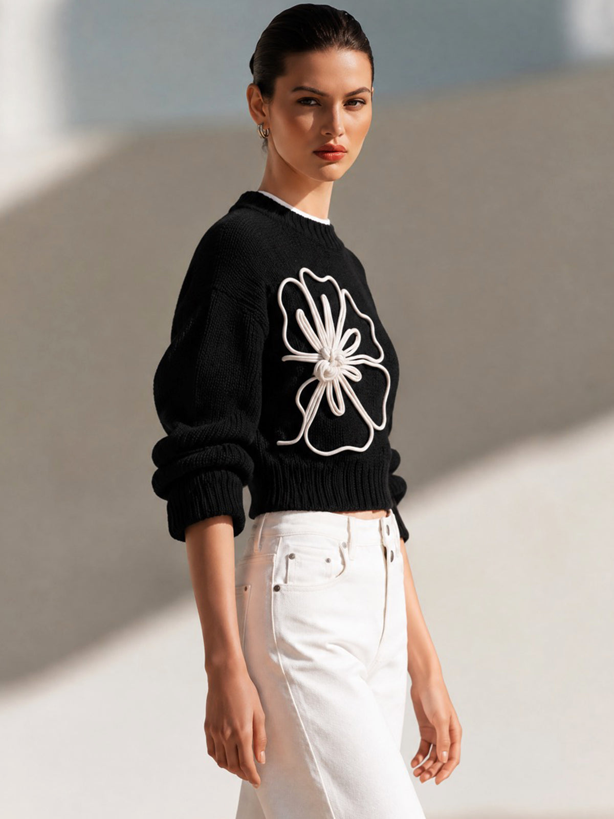 Flower Applique Long Sleeve Knit Top