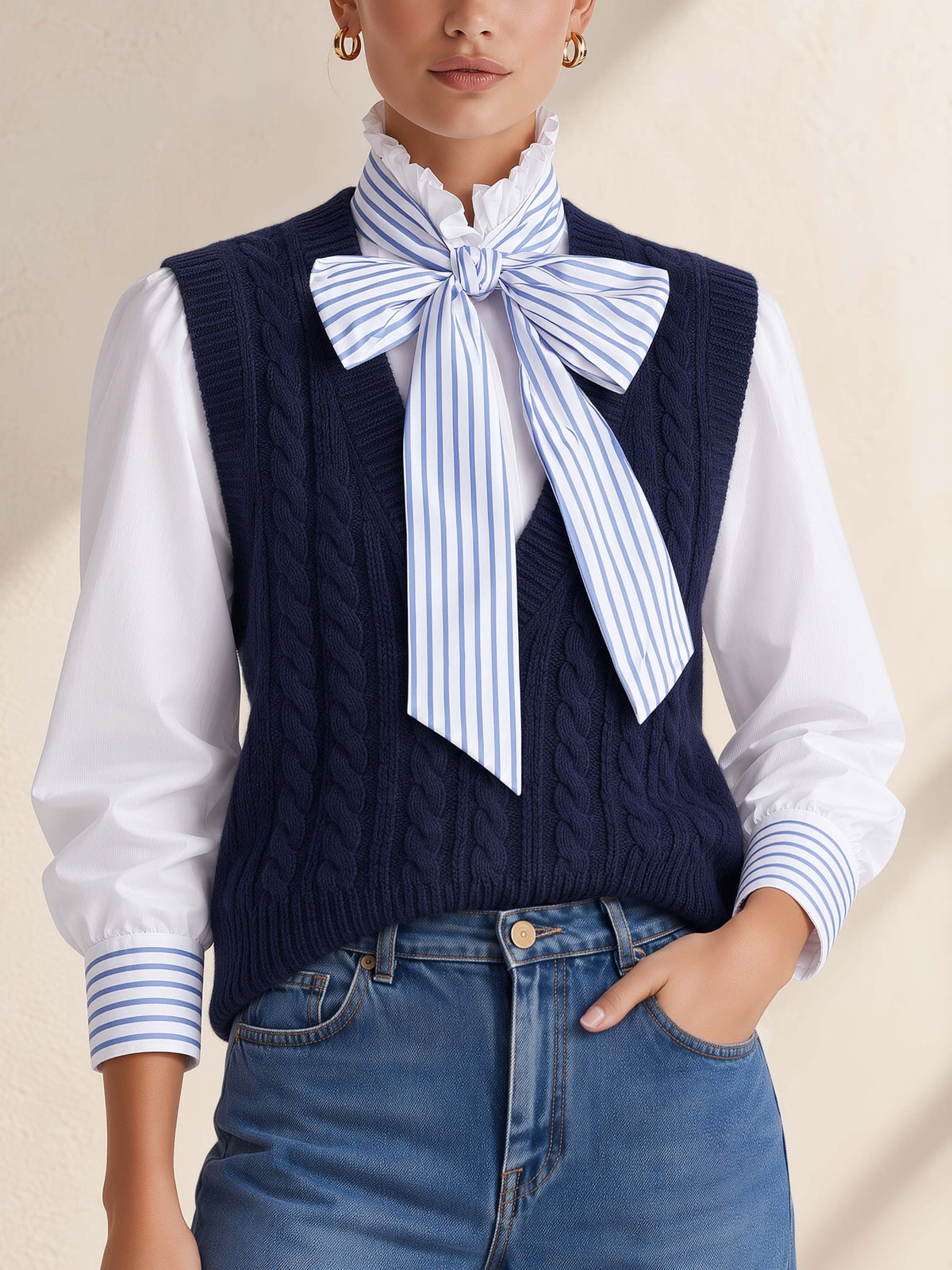 Navy Cable Knit V-Neck Sleeveless Layering Vest