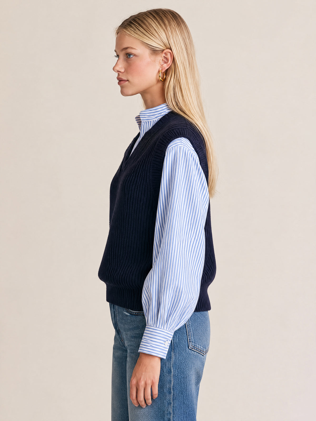 Navy Ribbed V-Neck Sweater Vest With Blue Striped Shirt Layer