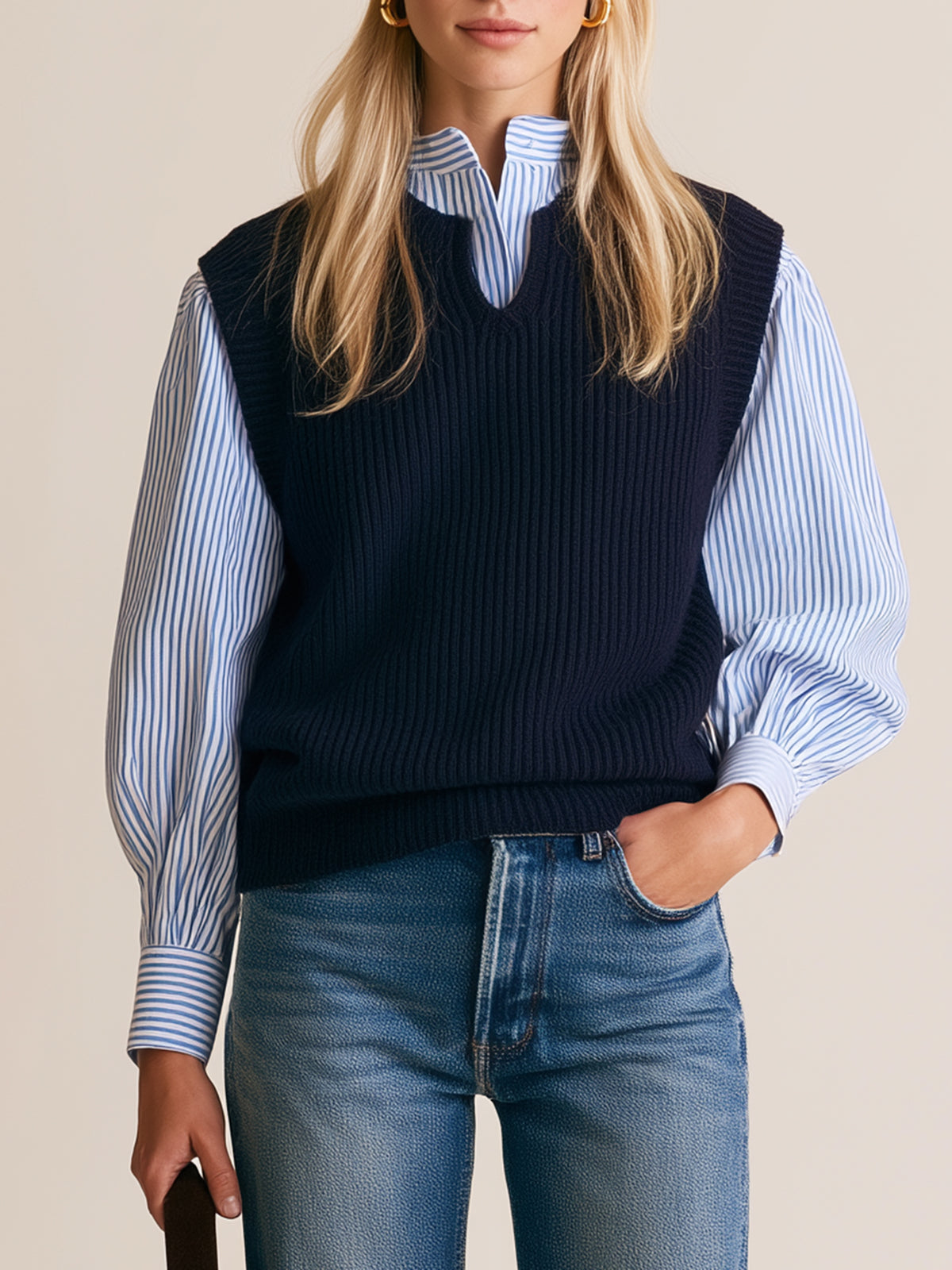 Navy Ribbed V-Neck Sweater Vest With Blue Striped Shirt Layer