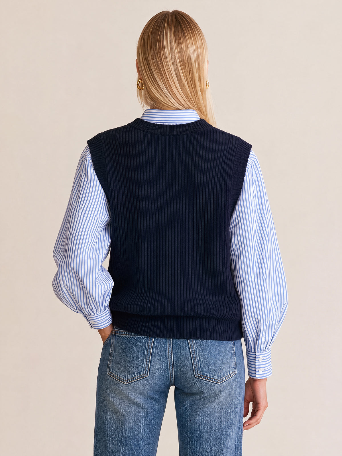 Navy Ribbed V-Neck Sweater Vest With Blue Striped Shirt Layer