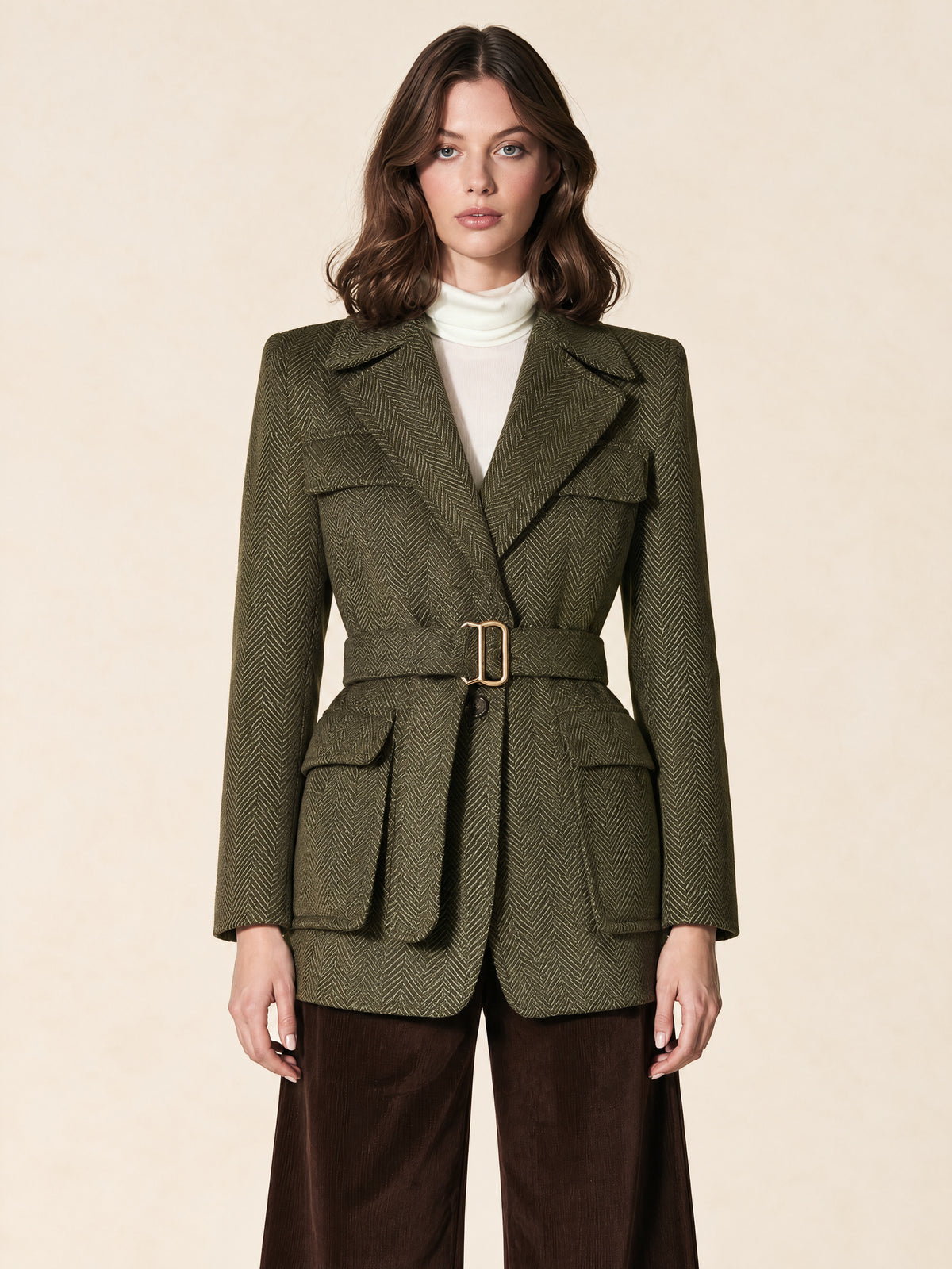 Olive Herringbone Belted Utility Blazer Jacket