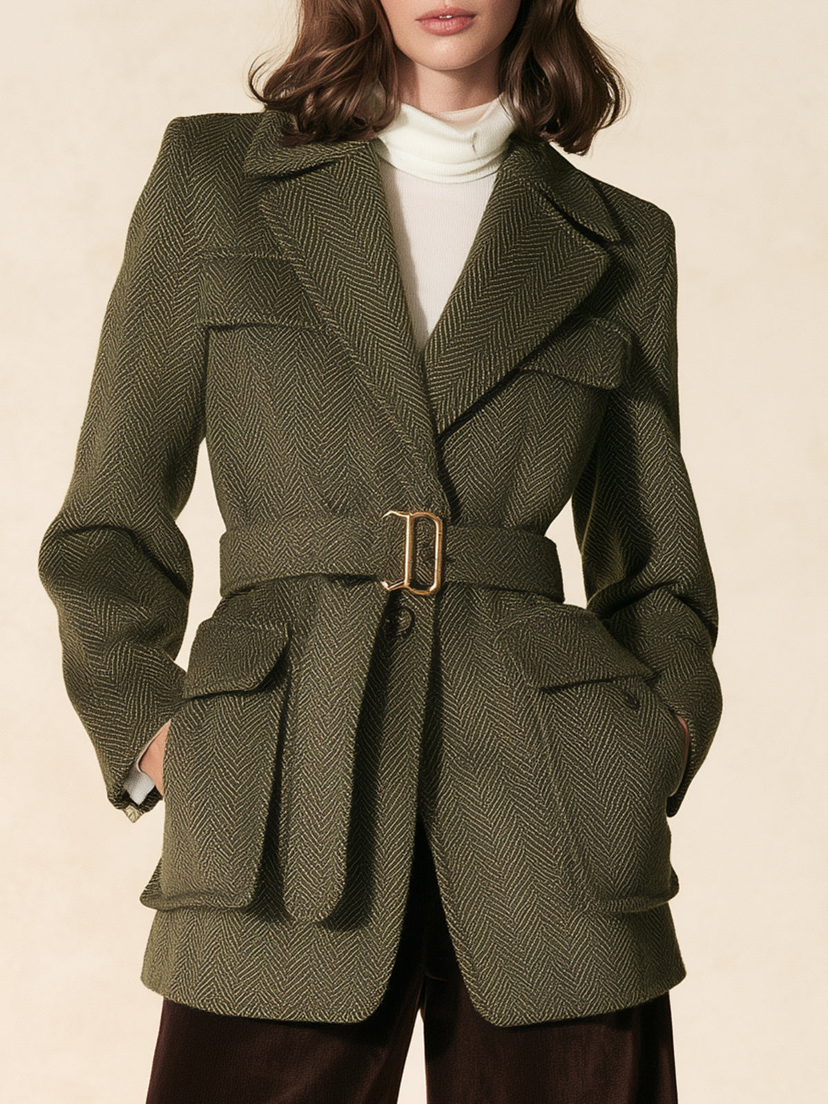 Olive Herringbone Belted Utility Blazer Jacket