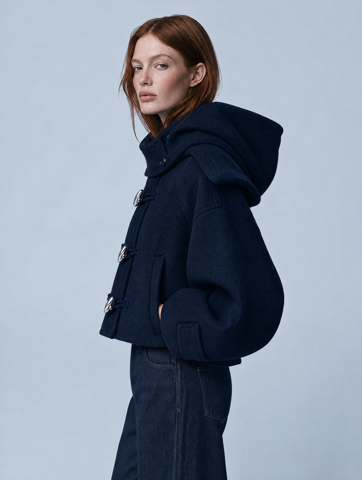Navy Hooded Cropped Duffle Jacket With Cape Overlay And Silver Toggle Closure
