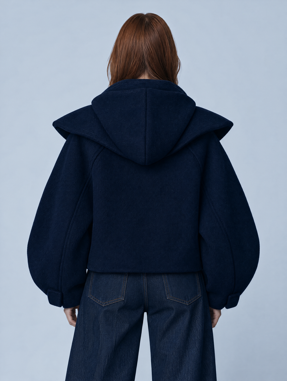 Navy Hooded Cropped Duffle Jacket With Cape Overlay And Silver Toggle Closure