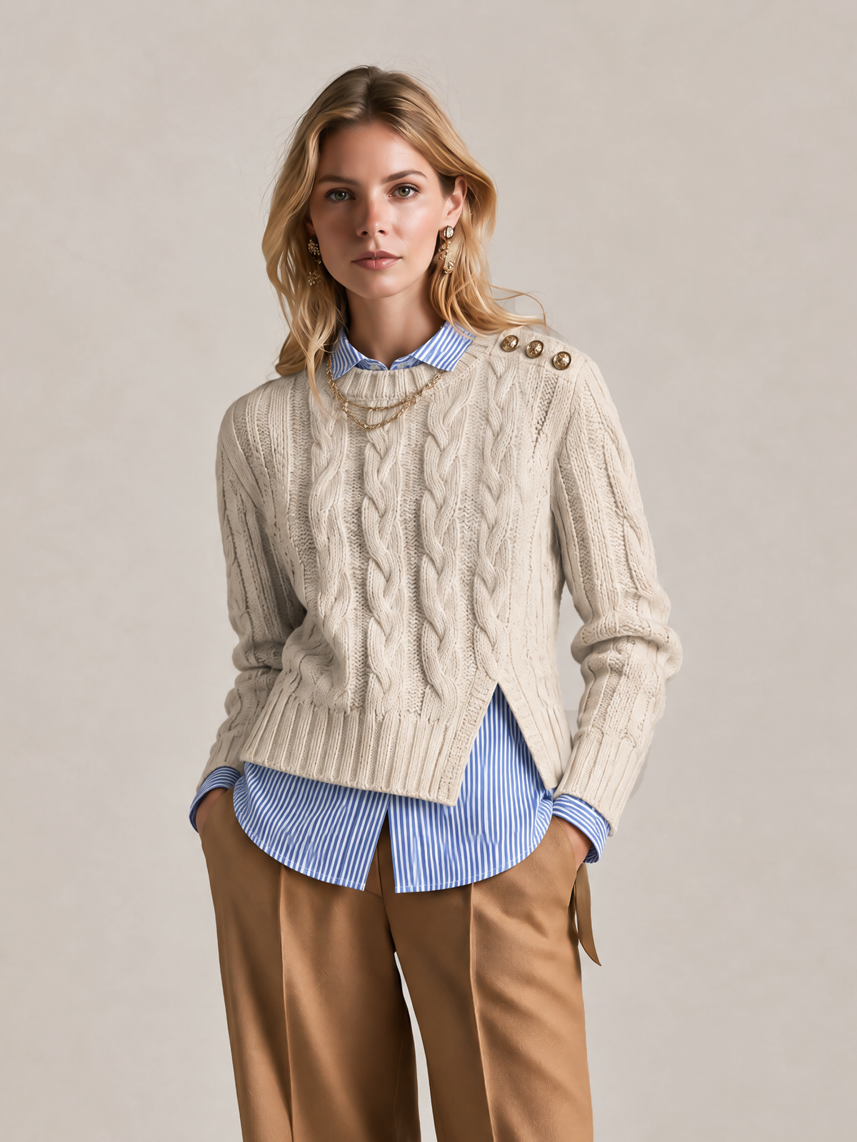 Elegant Oatmeal Cable-Knit Split-Hem Sweater
