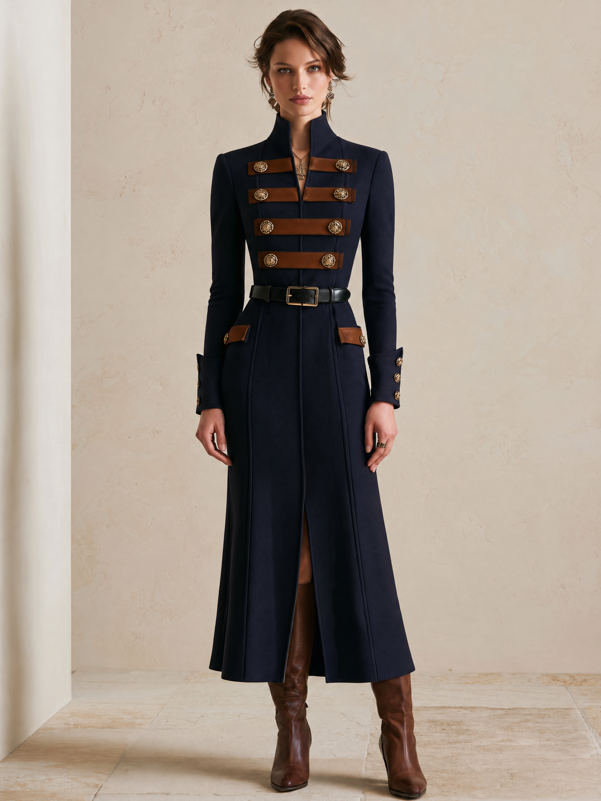 Elegant Navy & Brown Contrast Strap-Detail Split-Hem Midi Dress