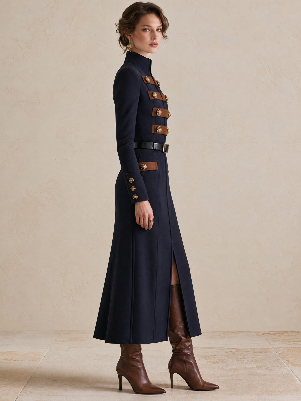 Elegant Navy & Brown Contrast Strap-Detail Split-Hem Midi Dress
