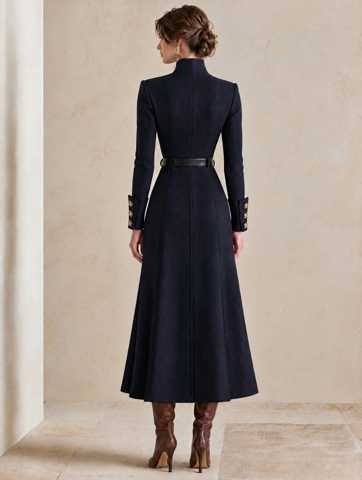 Elegant Navy & Brown Contrast Strap-Detail Split-Hem Midi Dress