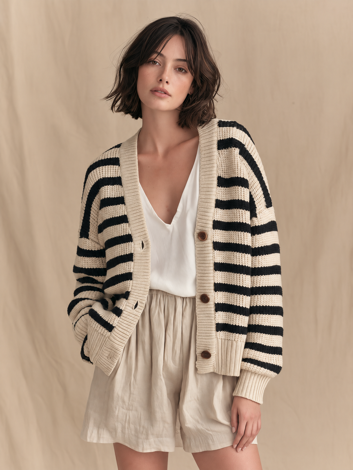 Ivory And Black Striped Chunky Knit Button Cardigan