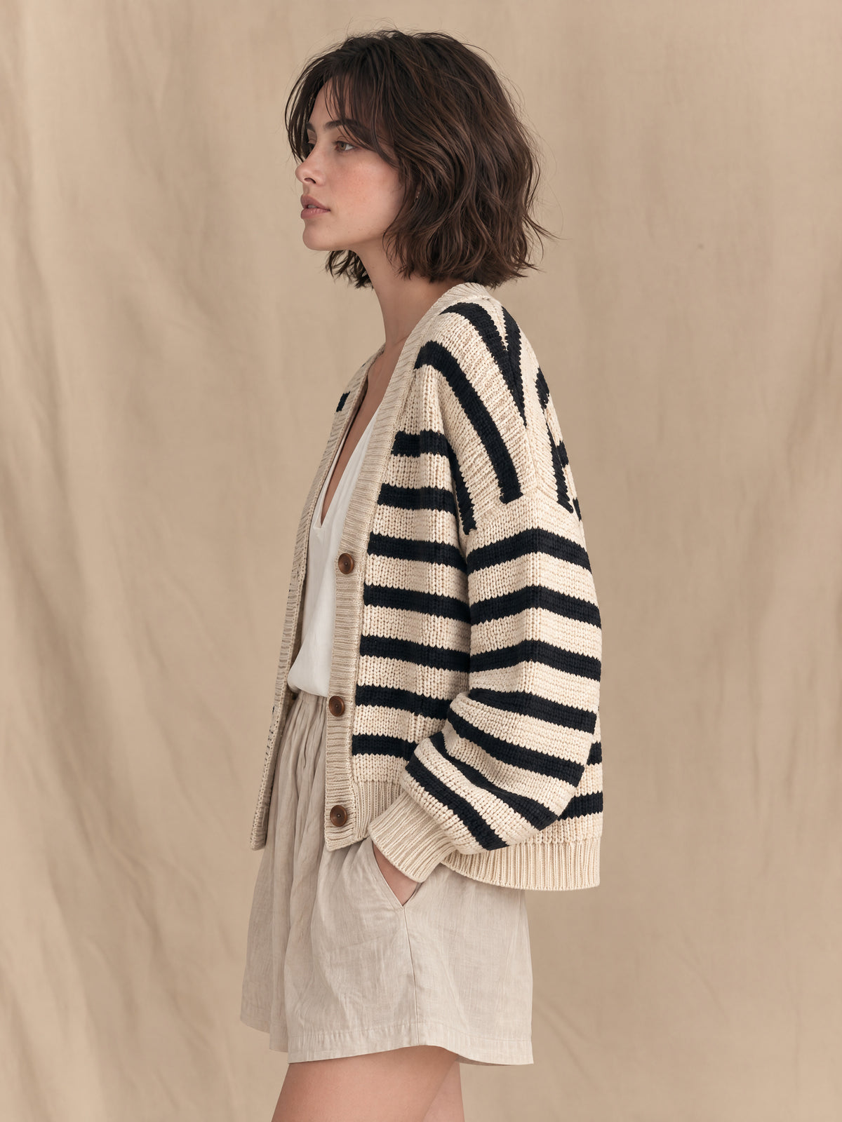Ivory And Black Striped Chunky Knit Button Cardigan